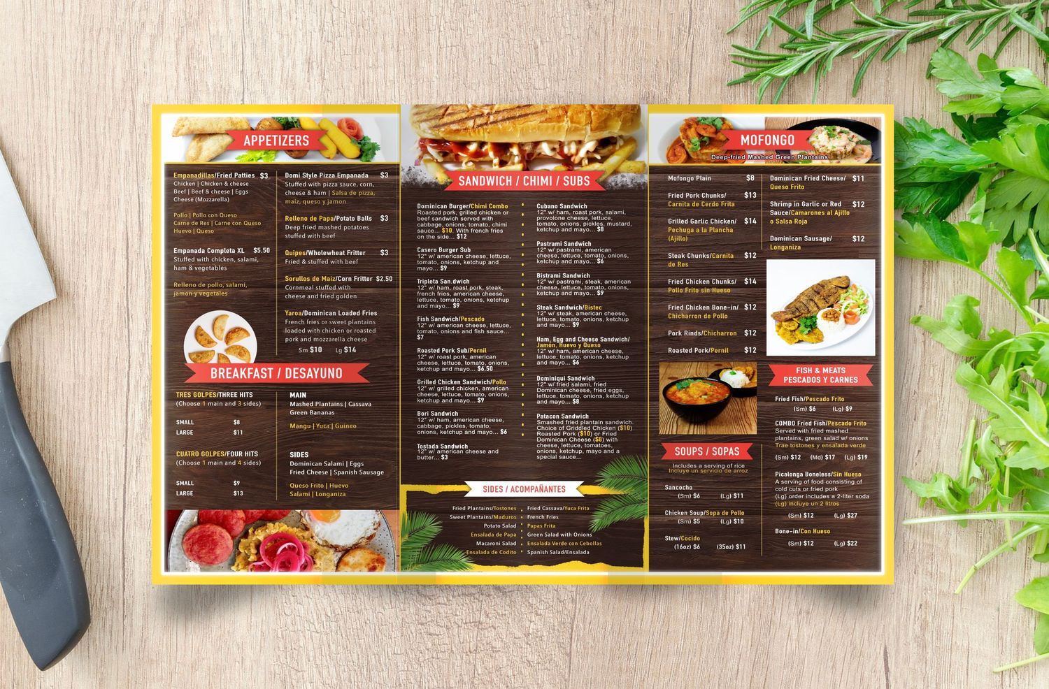 Restaurant menu design with food photos featuring brown and green color scheme on wooden table surface.