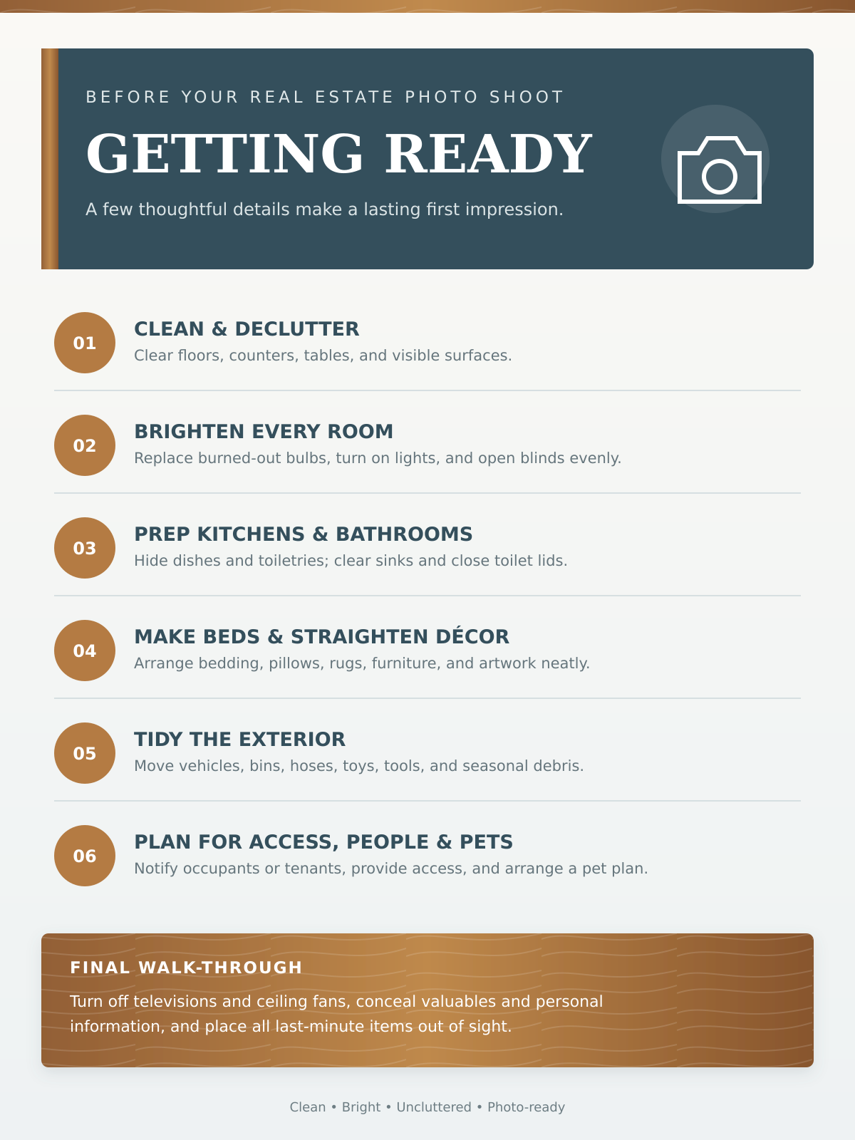 Real estate photo shoot preparation checklist infographic with six tips for cleaning, decluttering, and staging a home.