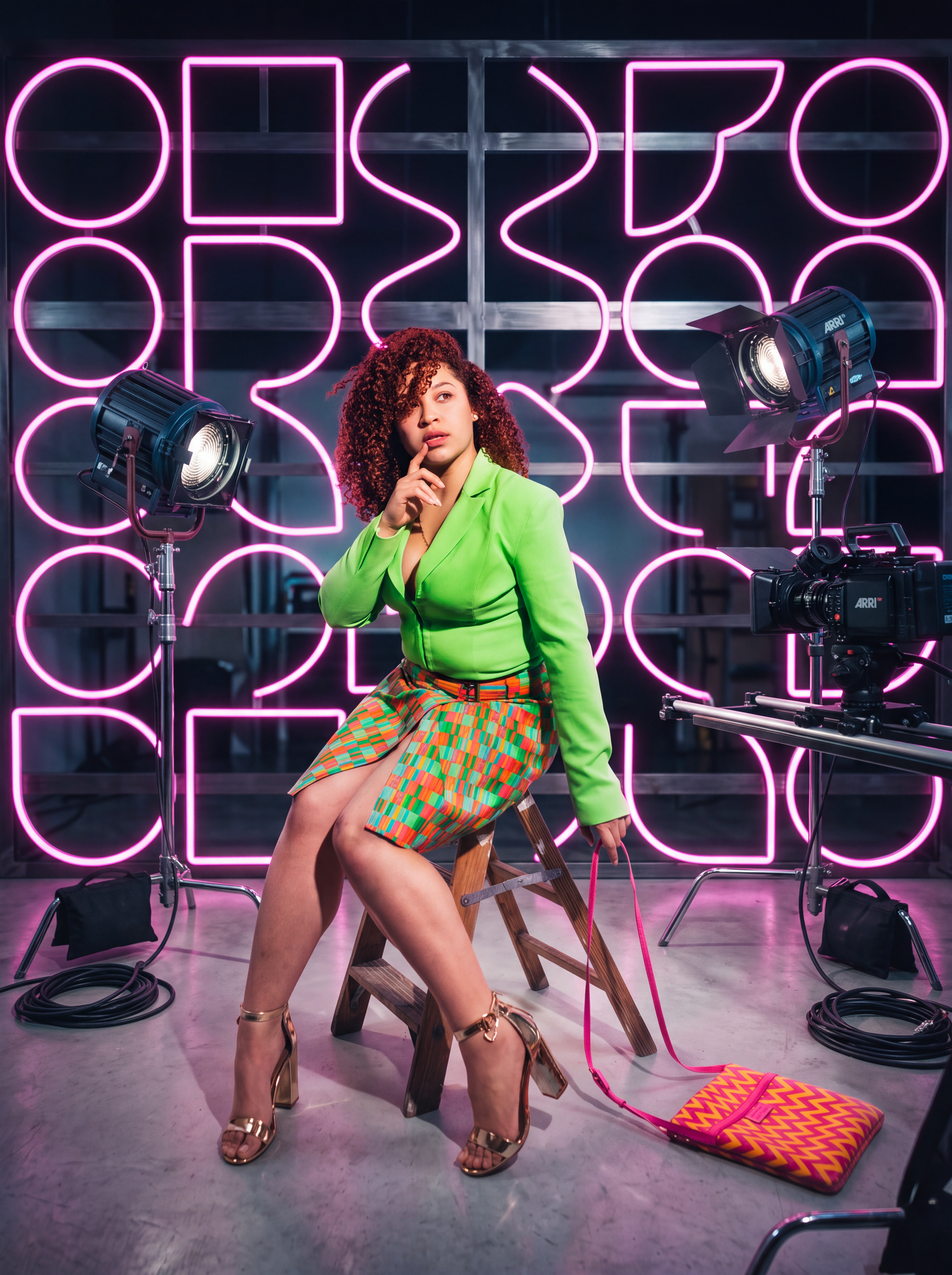 Woman in green blazer and colorful skirt poses on stool before pink neon lights and studio equipment.