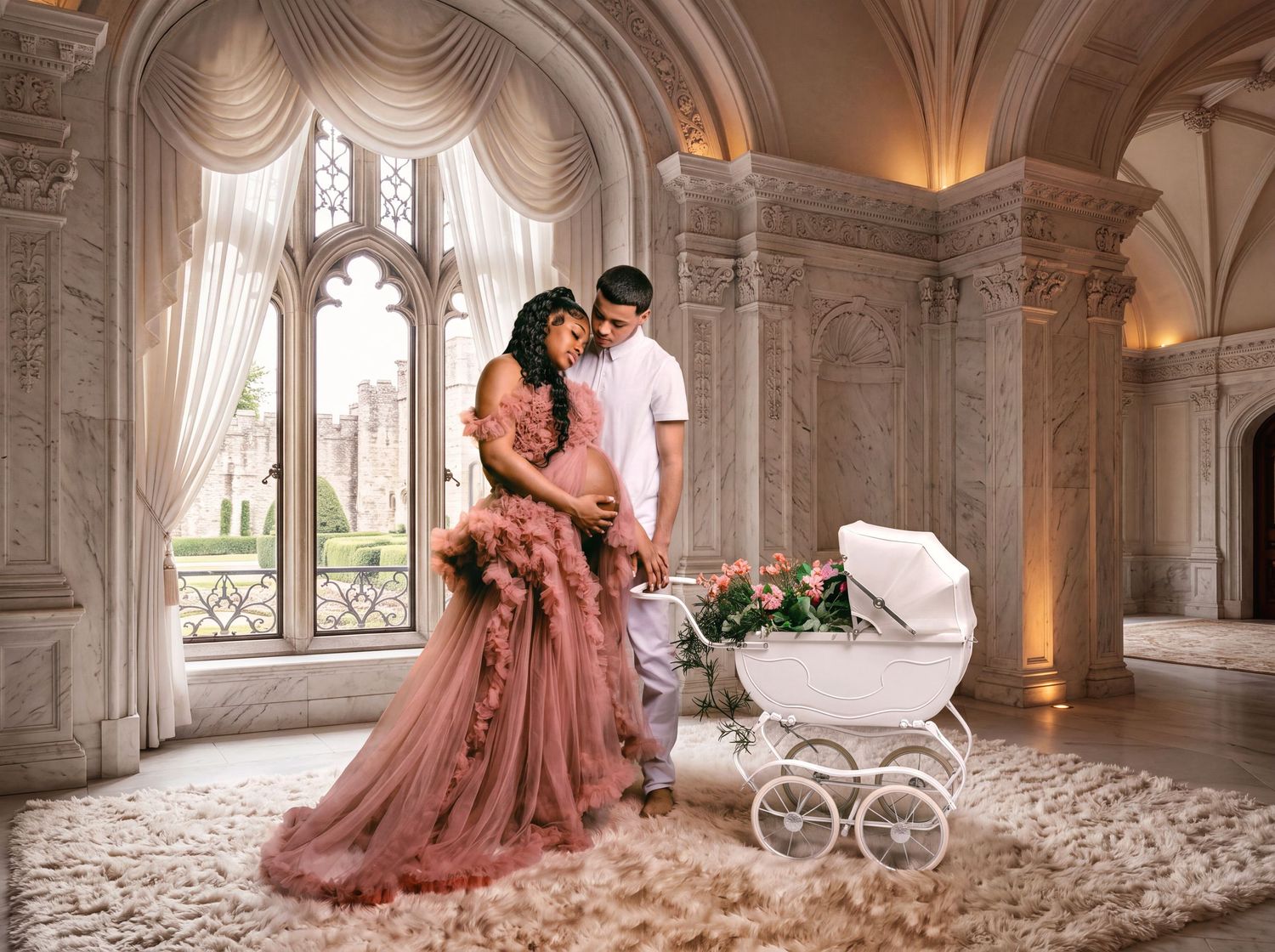 Couple in elegant marble hall, woman in pink tulle maternity gown beside white vintage baby carriage.