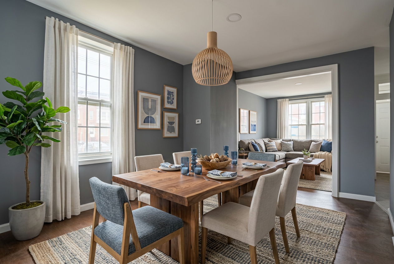 Modern dining room with wooden table, blue accent chairs, gray walls, woven pendant light, and view into cozy living space.