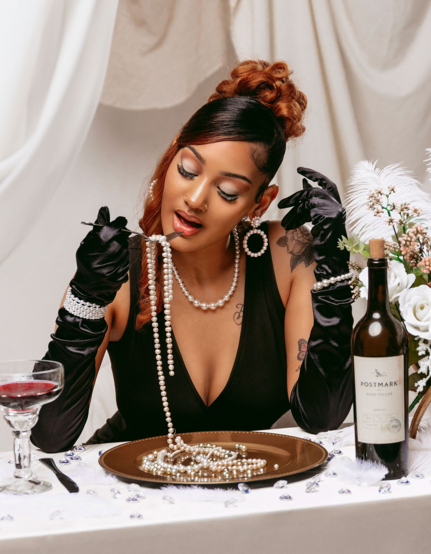 Glamorous dinner scene with pearls, gloves, and wine featuring elegant vintage styling and dramatic lighting.