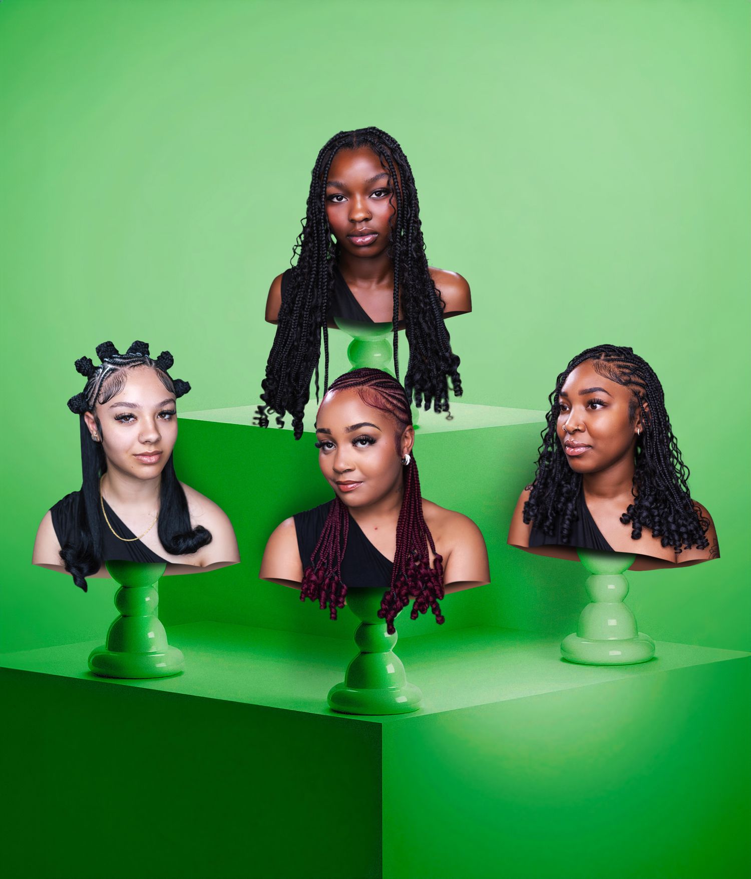 Multiple bust sculptures arranged in a row against a vibrant green backdrop with a gradient lighting effect.