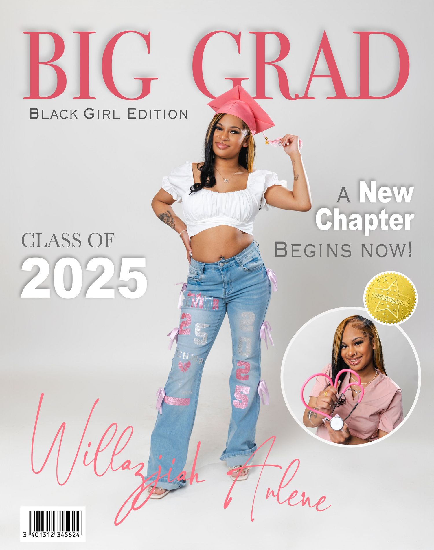 Collage of graduation themed fashion photos featuring denim jeans, casual wear and pink text against a light gray background.