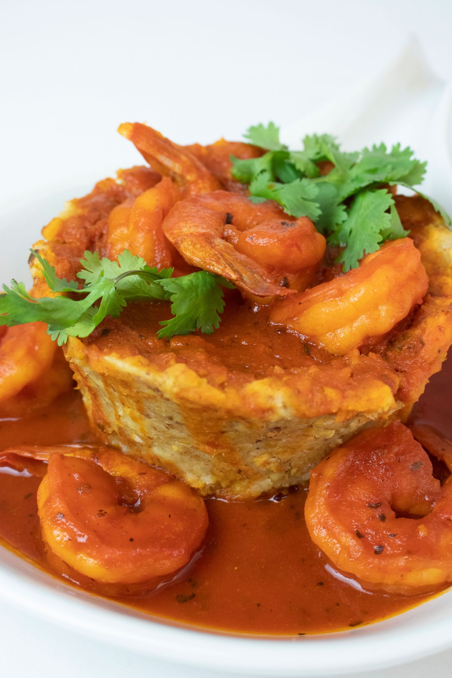 Shrimp curry with spicy sauce served over crispy pastry and garnished with fresh cilantro.