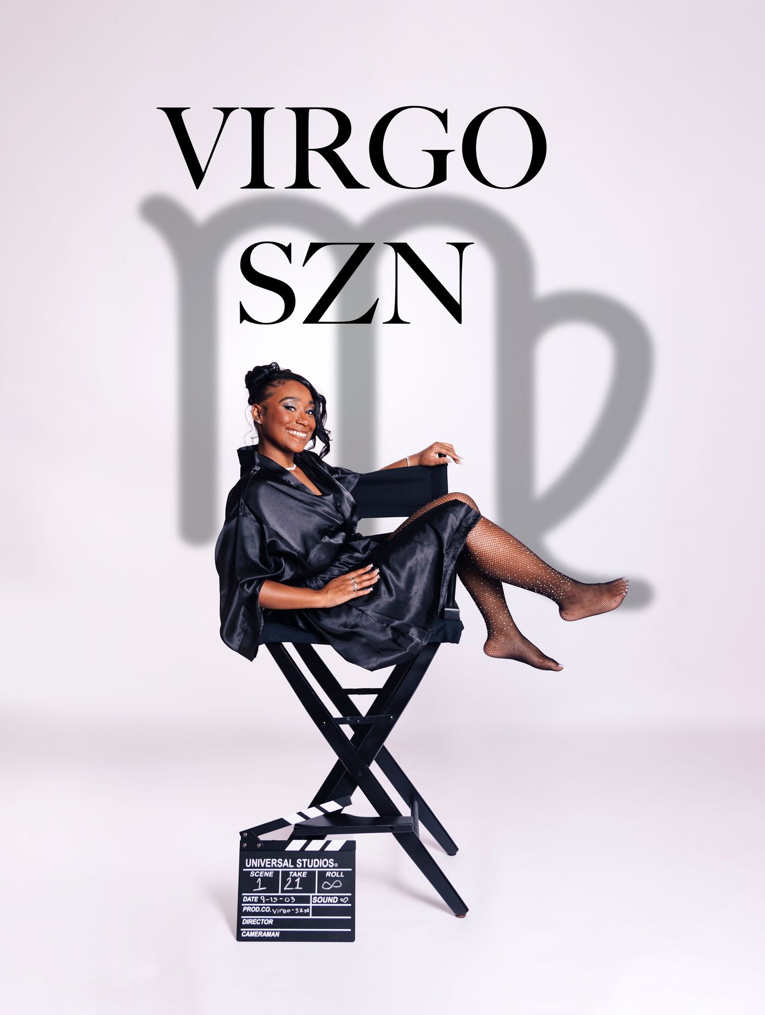 Stylish portrait photo with Virgo season text and silhouetted chair against pink backdrop.