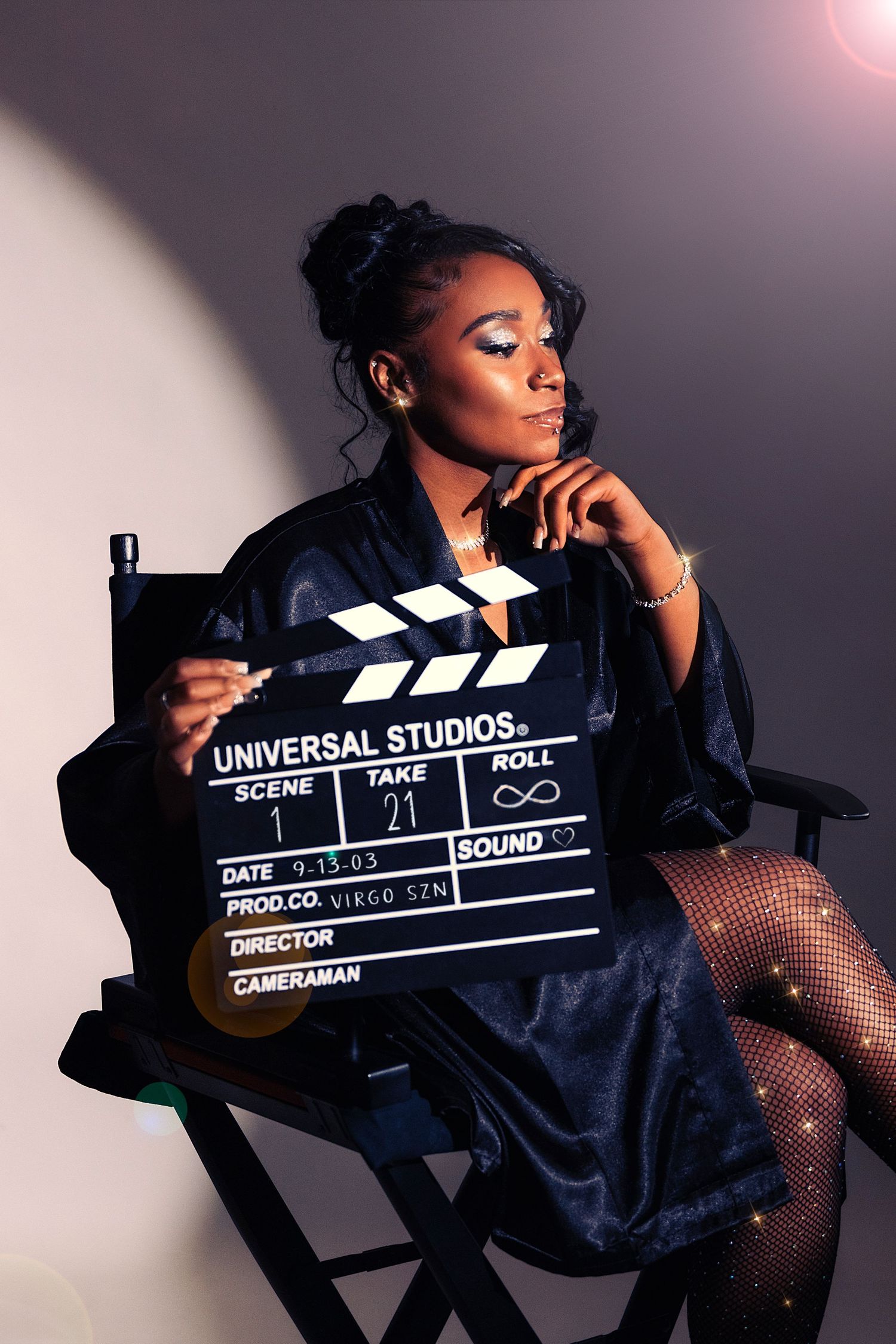 A series of photos showing someone posing with a movie clapperboard in varying dramatic poses against a light background.