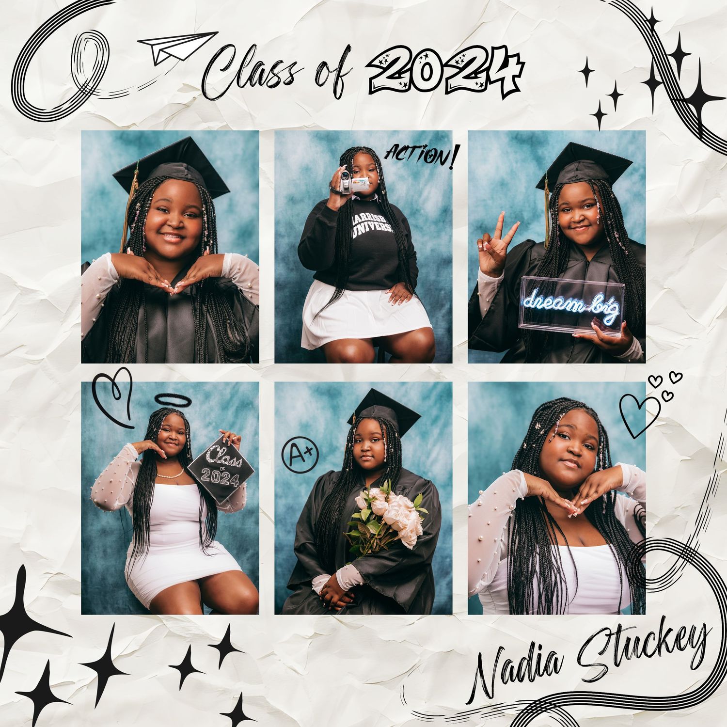 Graduation photo collage showing celebratory poses in cap and gown.