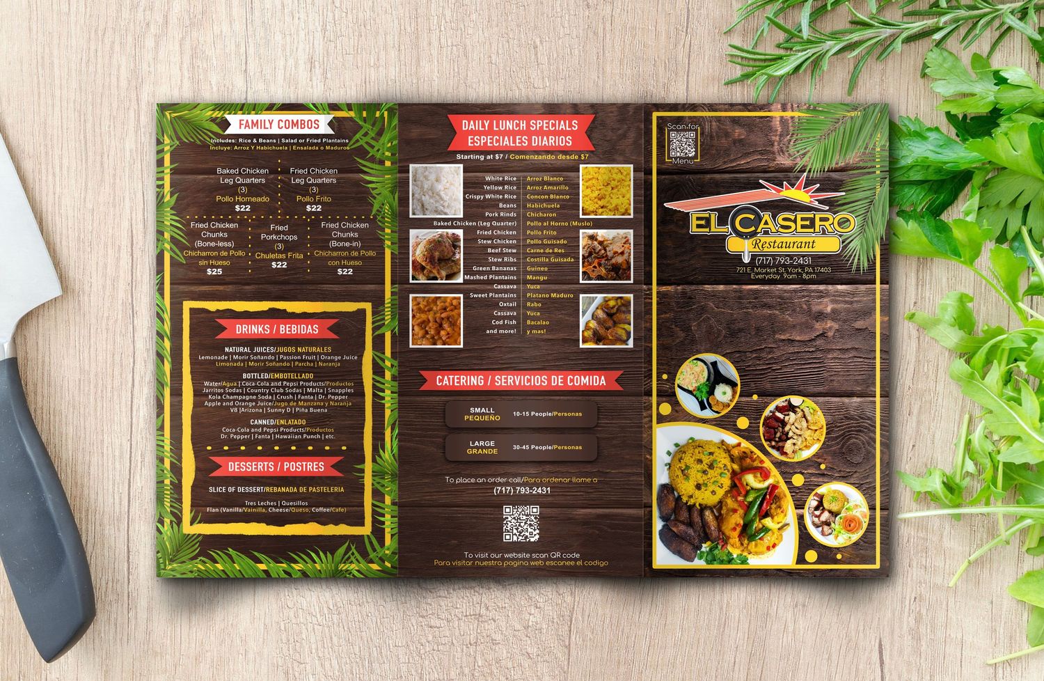 Restaurant menu with bamboo-themed design displaying food items and prices on wooden background.