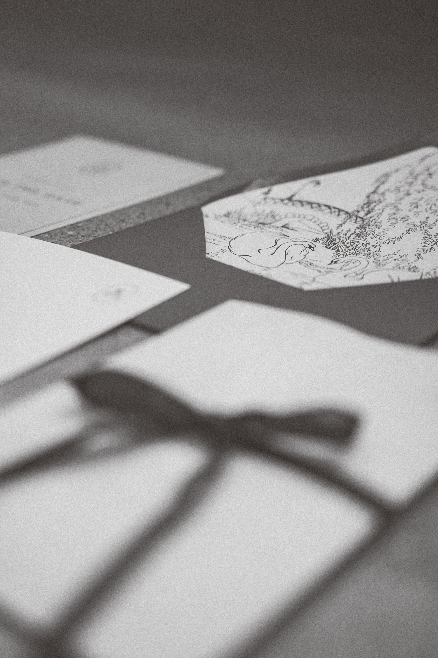 On white paper, shadows cast by what appears to be stemmed drinking glasses create dark angular patterns.