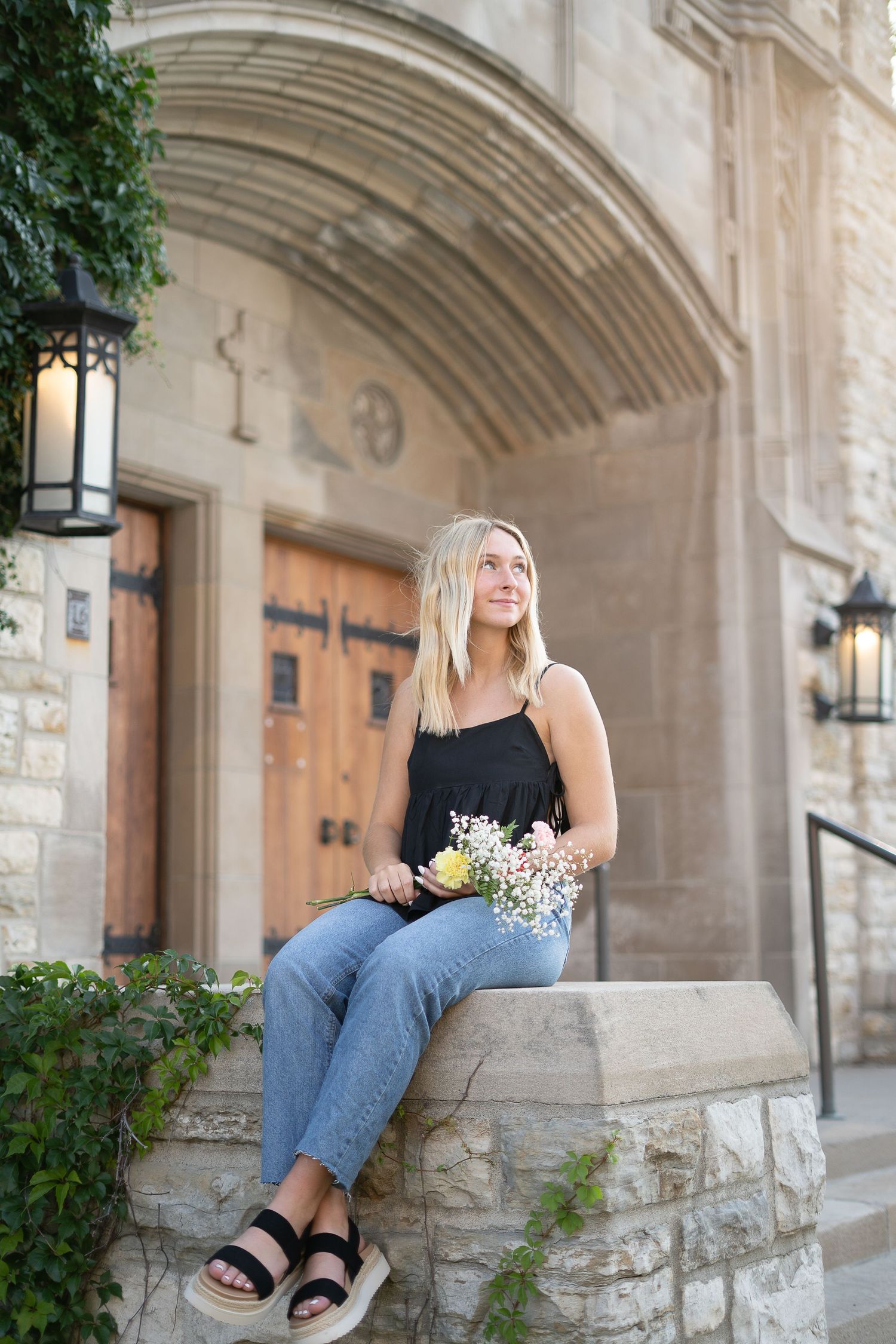 A series of architectural portraits showcasing stone archways and steps with natural lighting and greenery.