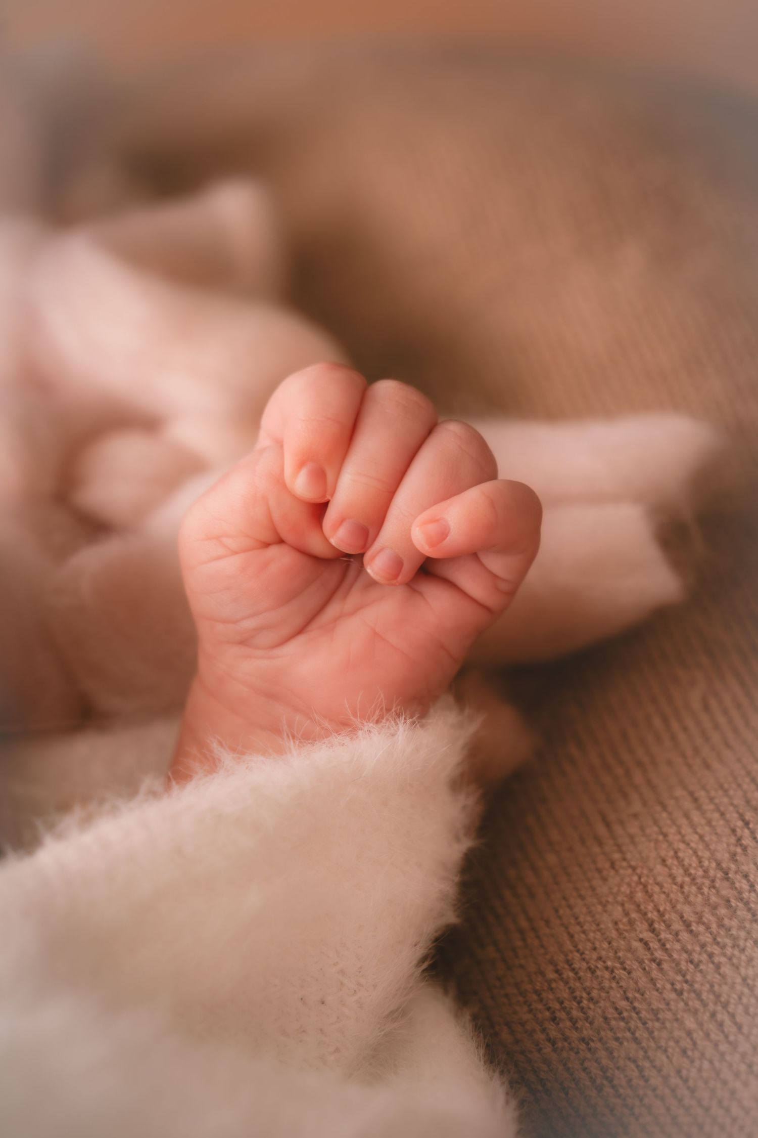 Close-up of a newborn baby's tiny clenched fist resting on a soft pink fuzzy blanket.
