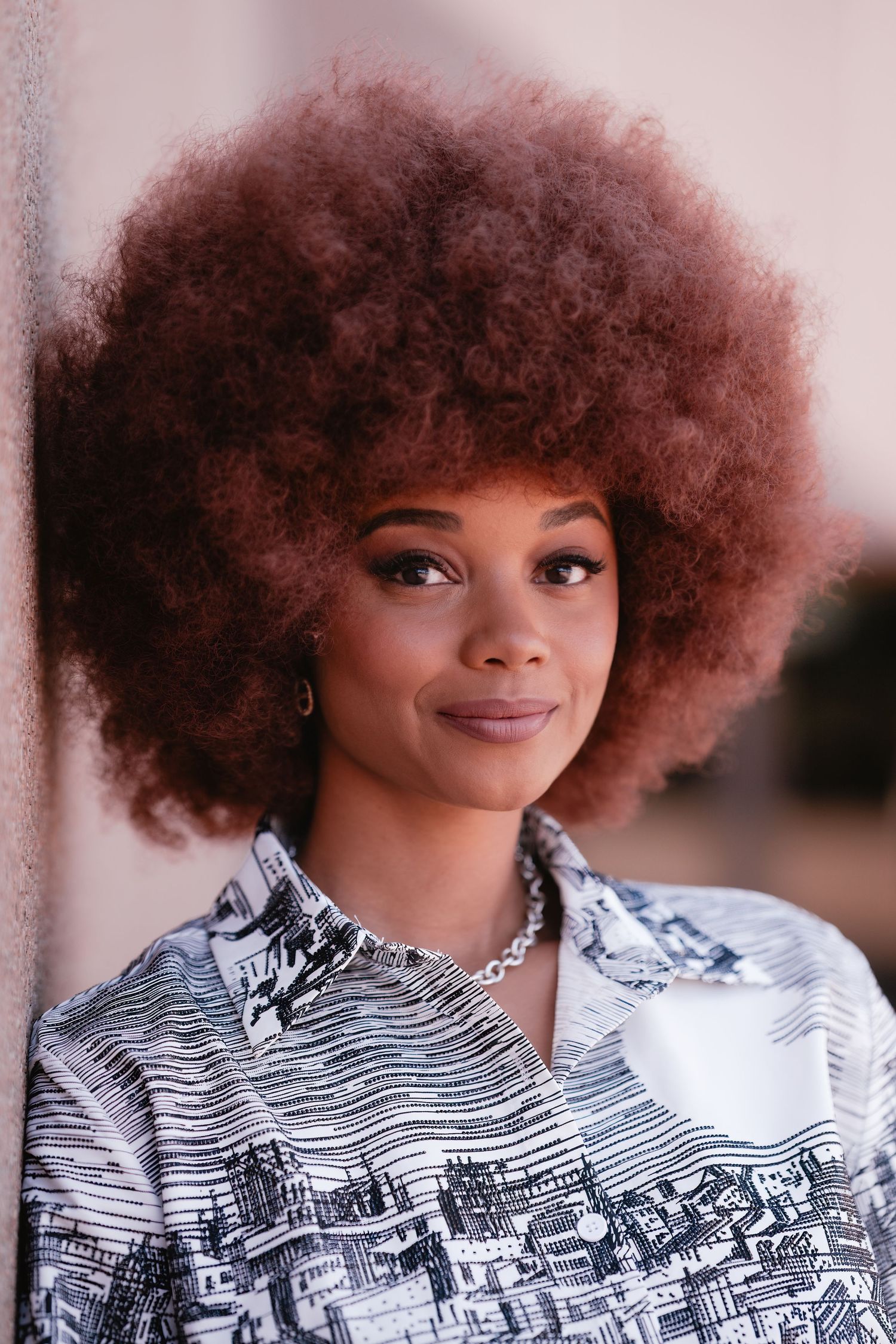 Person with voluminous natural afro hair wearing a black and white patterned collared shirt against light background.