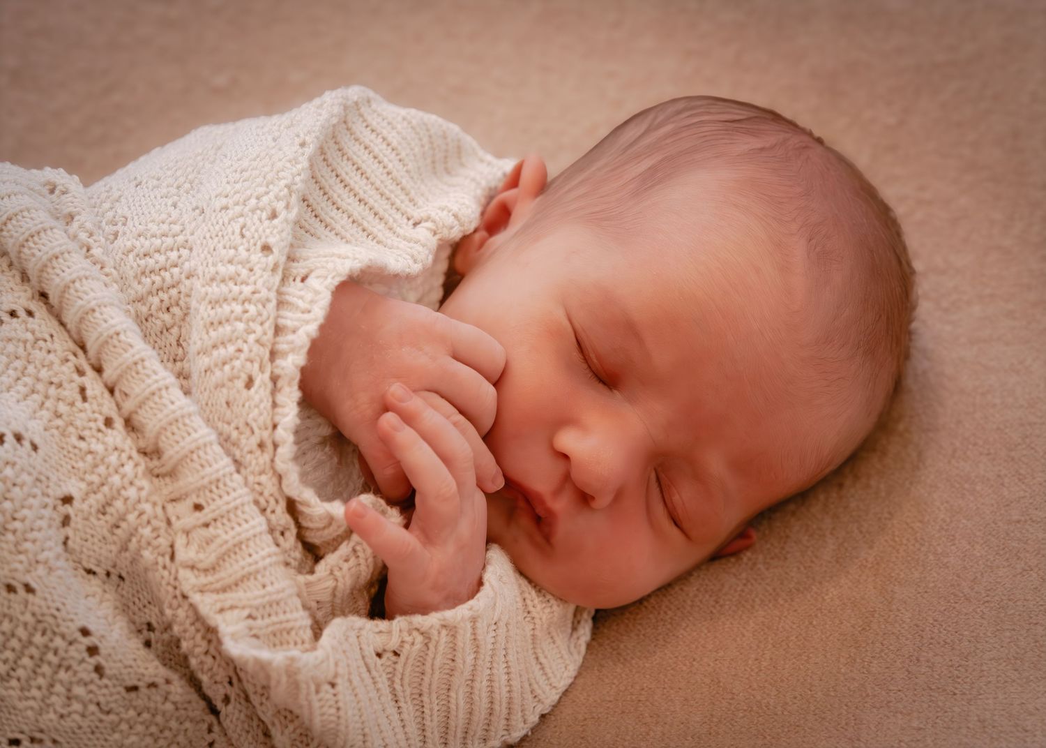 Sleeping newborn wrapped in soft cream knit blanket shown in multiple angles on beige backdrop.