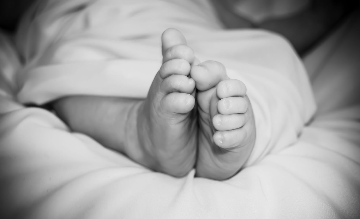 Black and white close-up image of a baby's tiny hand grasping an adult's finger against a soft background.