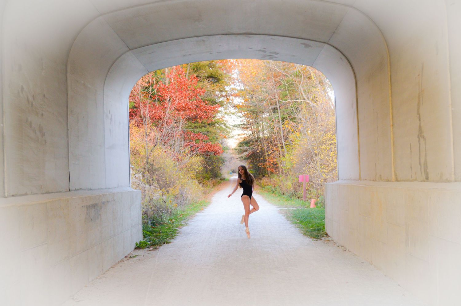 A series of tunnel views with autumn foliage visible at the ends, showing a person walking through in silhouette.
