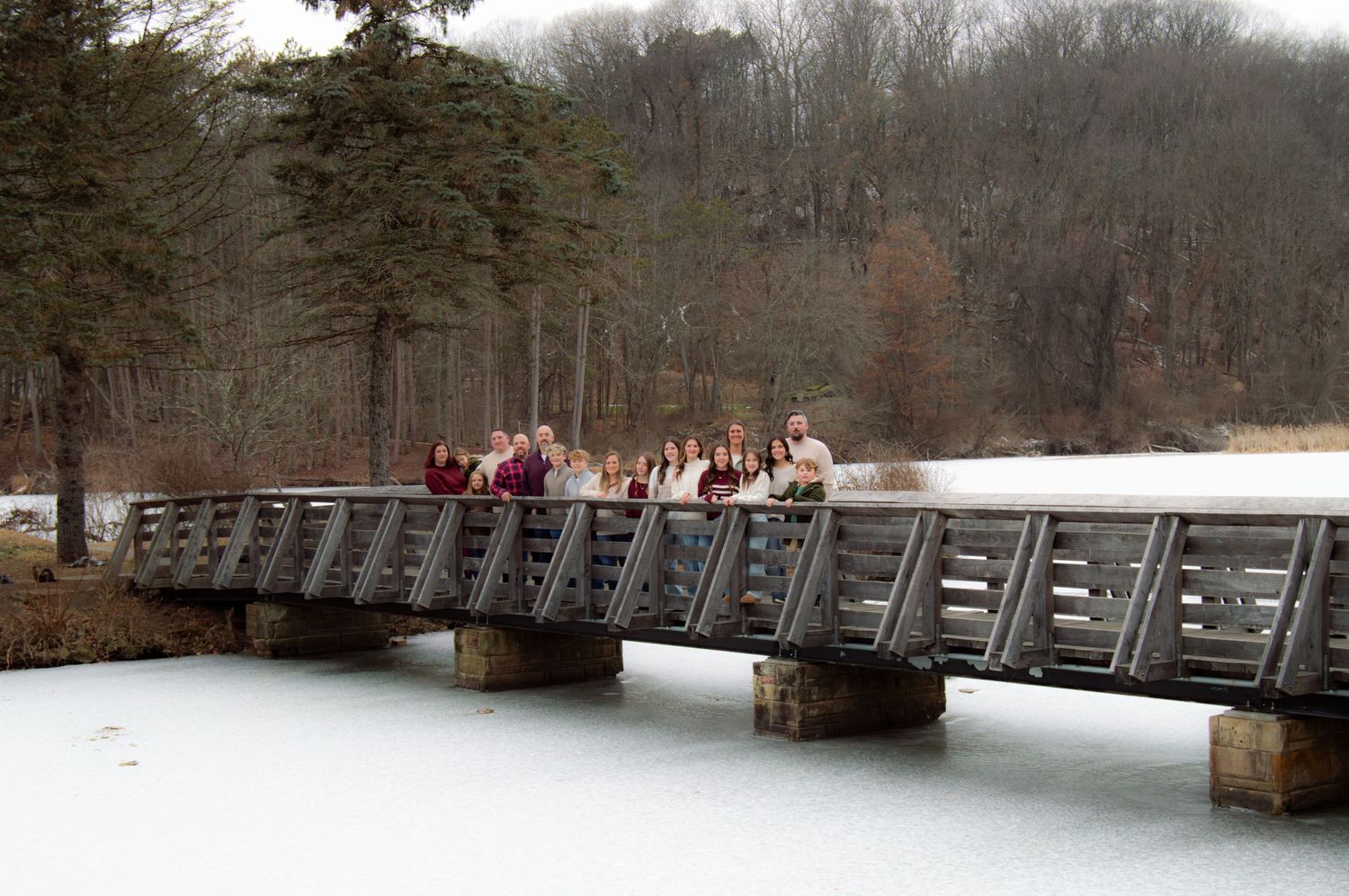 A scenic wooden bridge spans across a snow-covered landscape in winter with bare trees in the background.