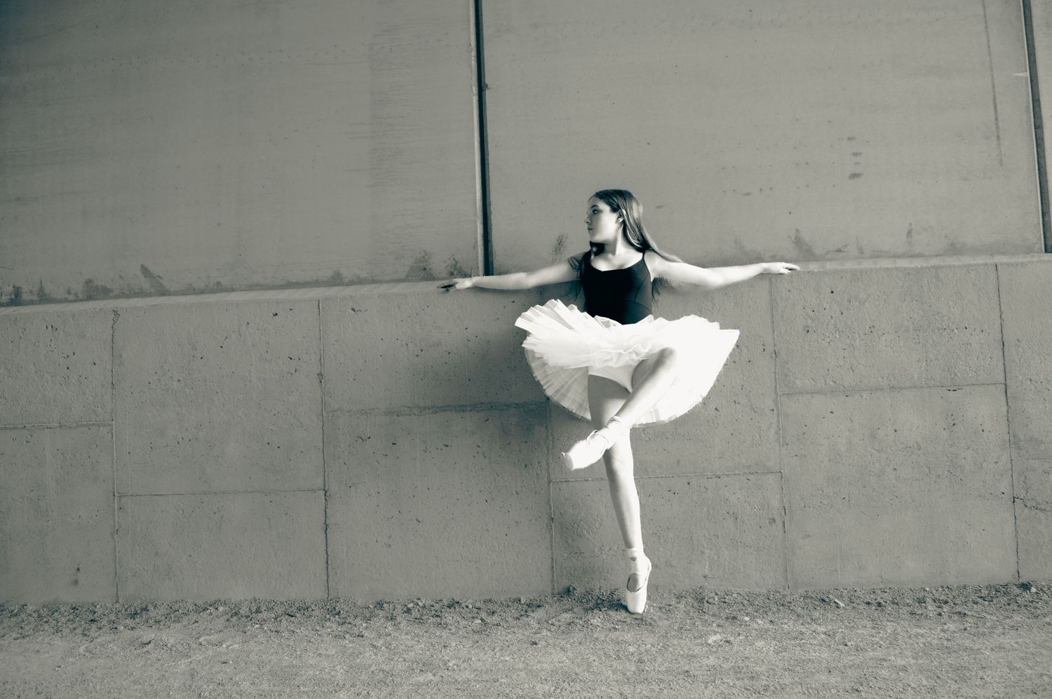 Dancer in black leotard creates dynamic movement sequence against concrete wall.