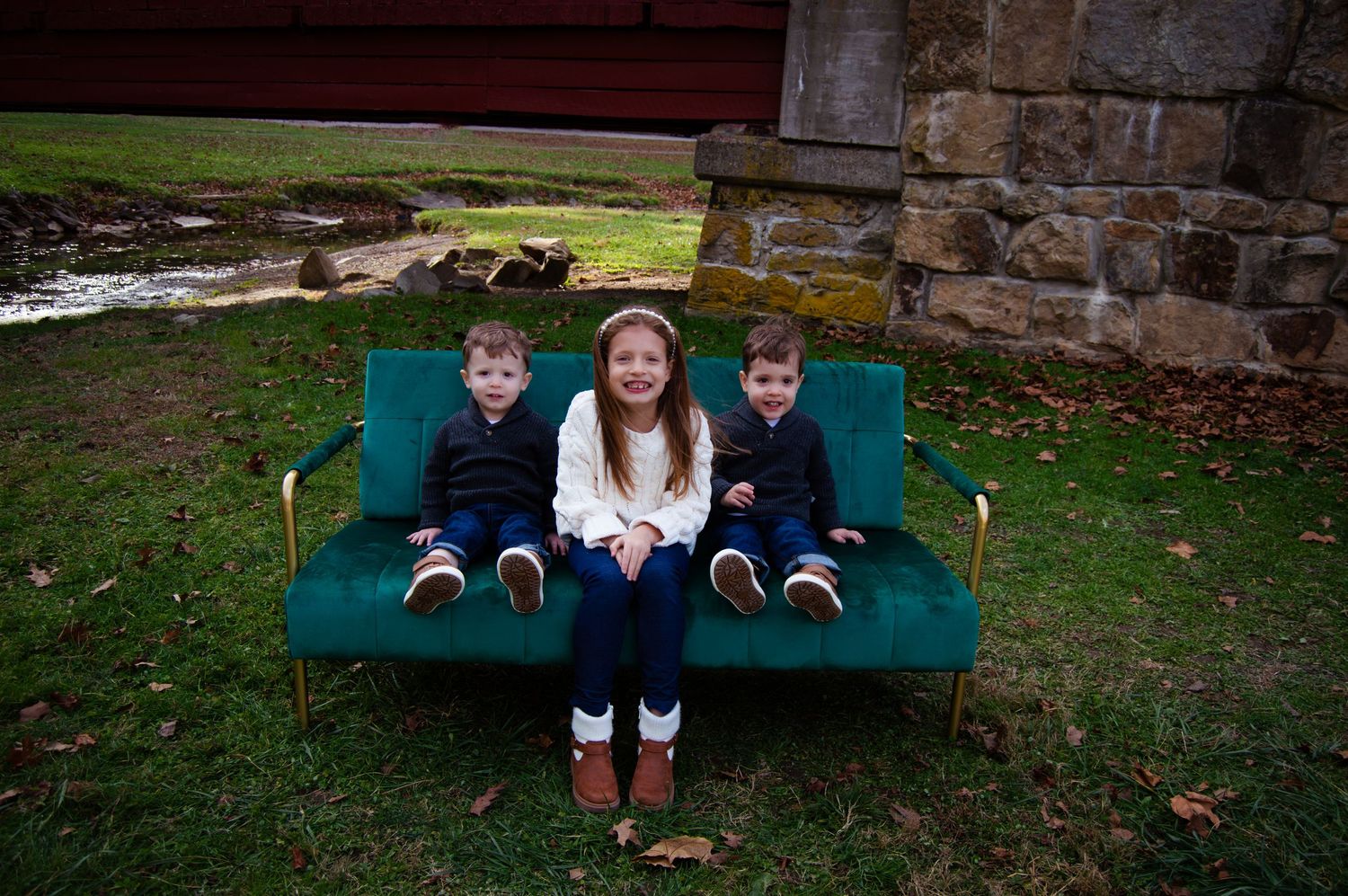 A sequence of photos showing people sitting on a green bench in various playful poses and arrangements.