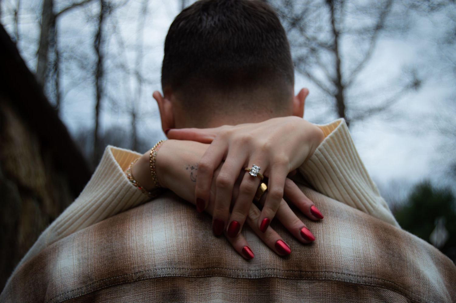 Multiple close-up shots of hands passing items between people against a blurred winter background.