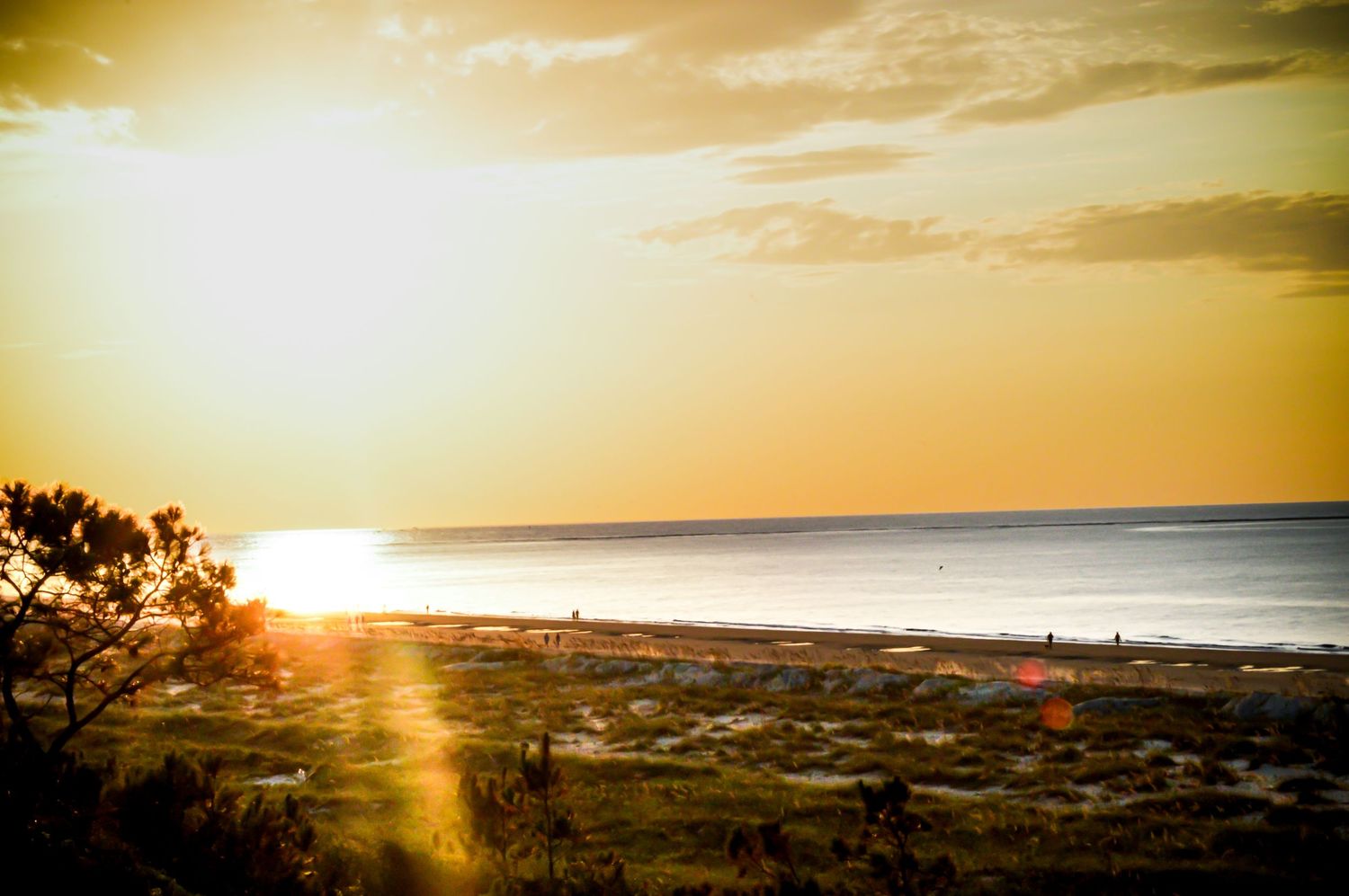 Panoramic coastal sunset view with golden clouds over ocean horizon.