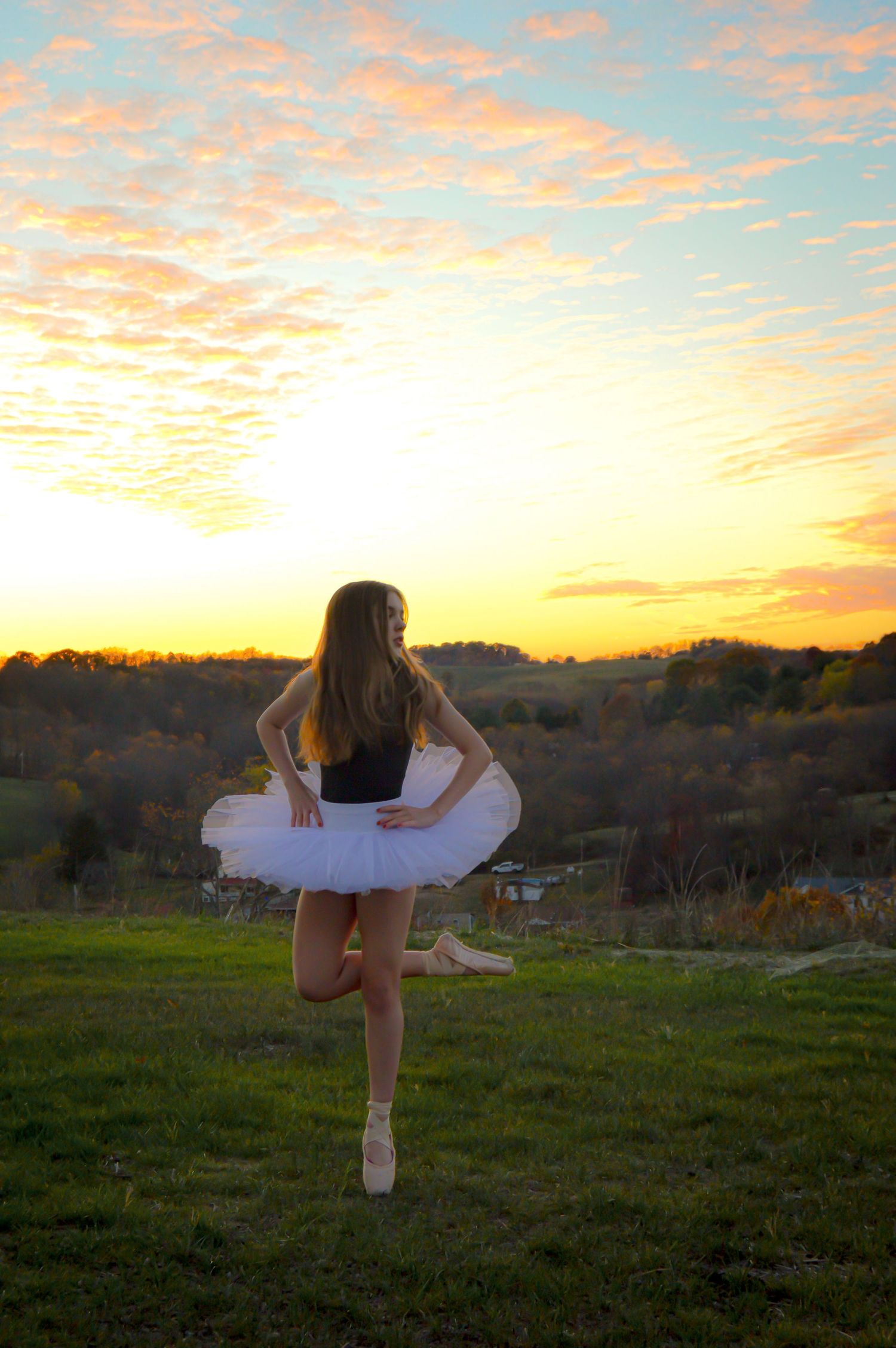 Ballet poses silhouetted against dramatic sunset sky in rural landscape.