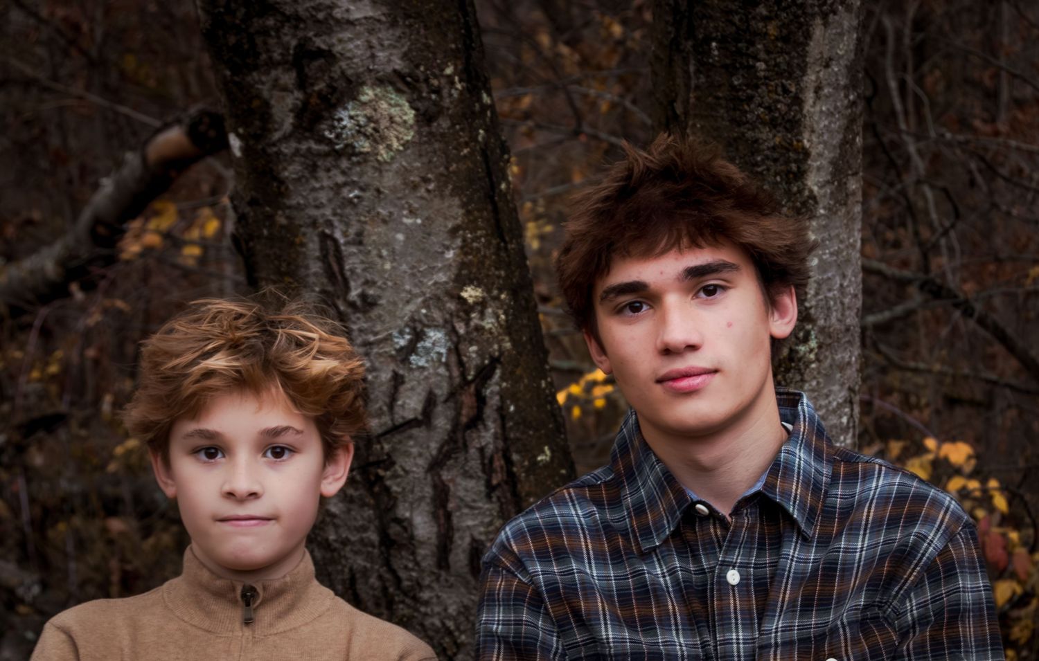 A series of outdoor portrait photographs taken against a dark wooded background in natural lighting.