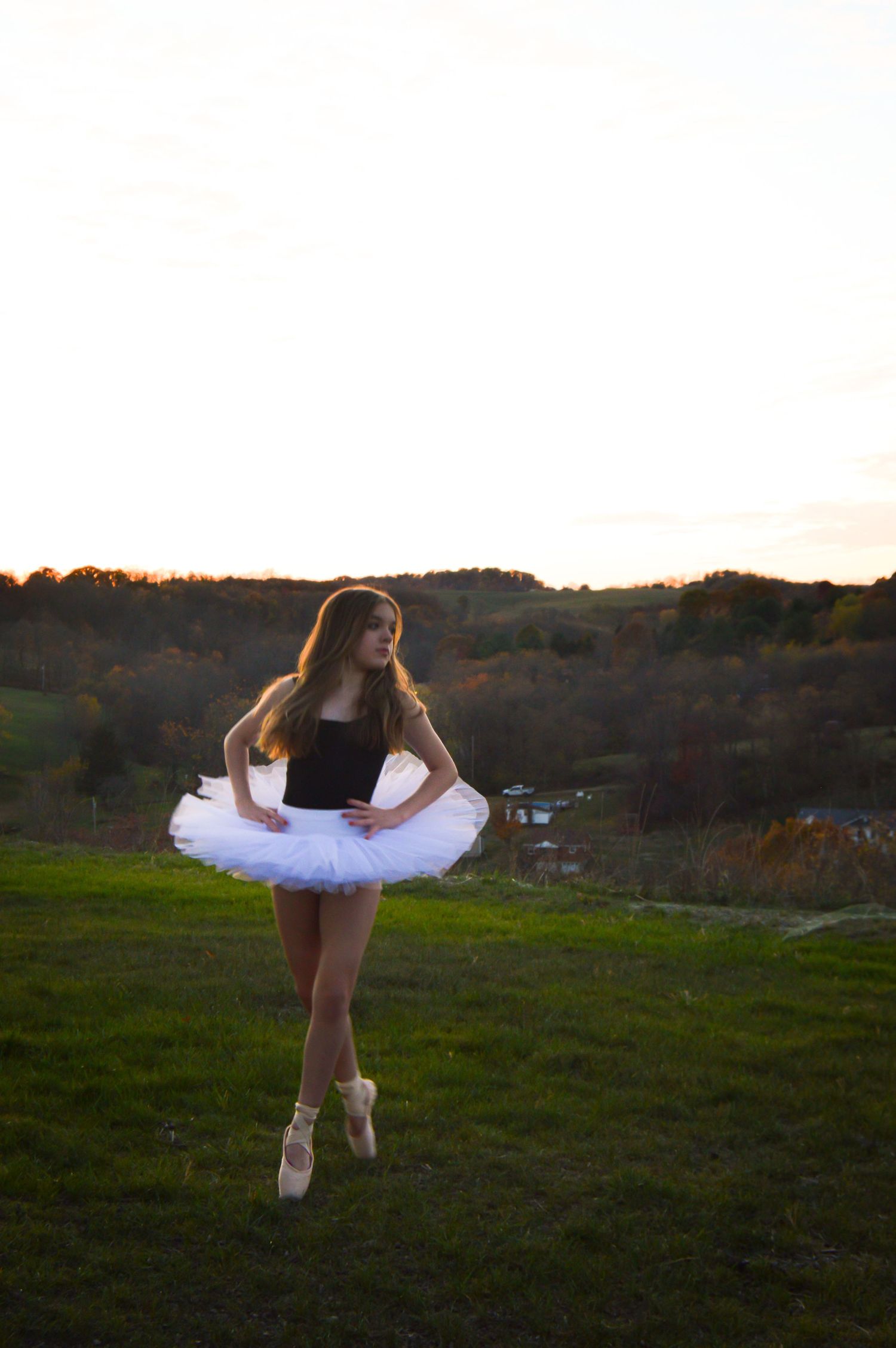 A ballet dancer in a white tutu and pointe shoes performs graceful poses on a grassy hilltop at sunset.