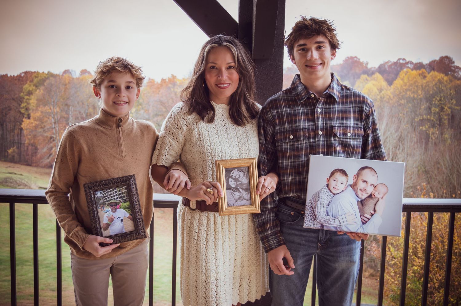 Series of pregnancy announcement photos showing couple holding ultrasound pictures in autumn outdoor setting.