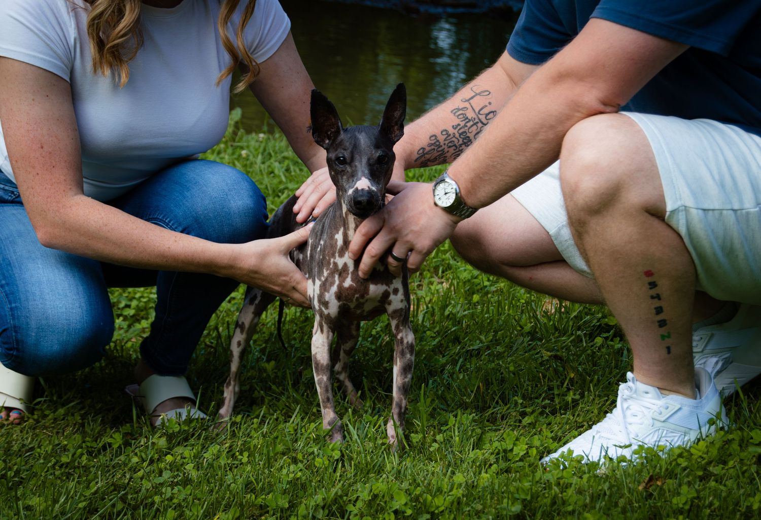 Couple crouching on grass petting a small spotted dog near a pond outdoors.