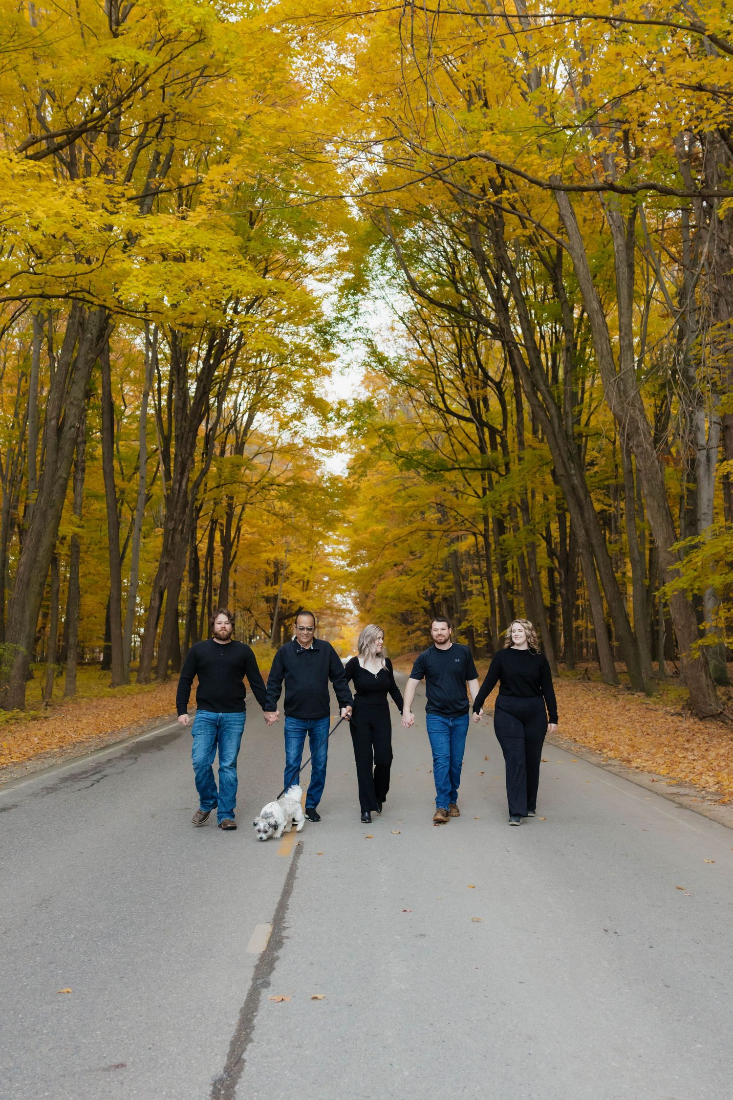 Family walking together with dog on scenic road lined with vibrant golden autumn trees.