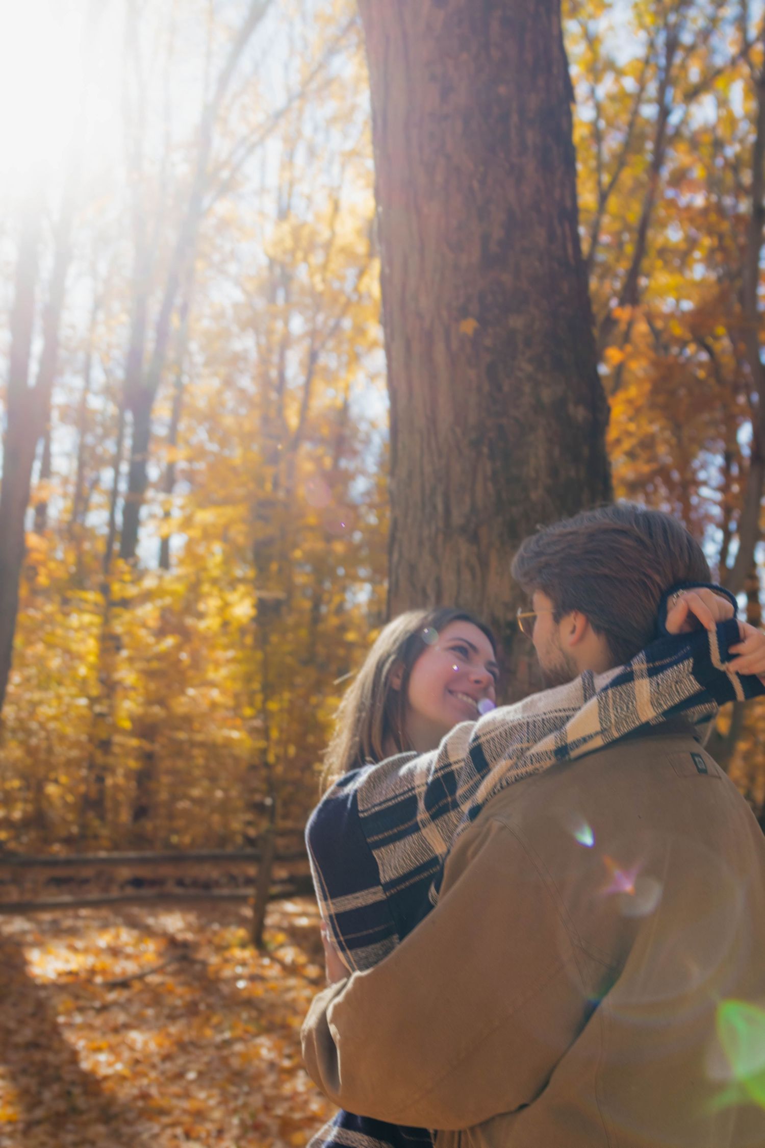 Couple embracing in a sunlit autumn forest with golden leaves and warm sunlight glowing behind them.