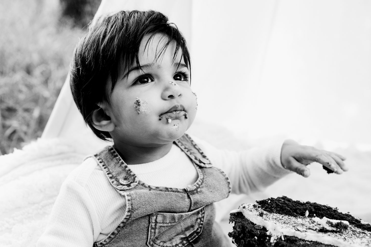 Outdoor cake smash session with a baby seated in front of a teepee, surrounded by long grass. A whimsical, natural setting with playful, mes