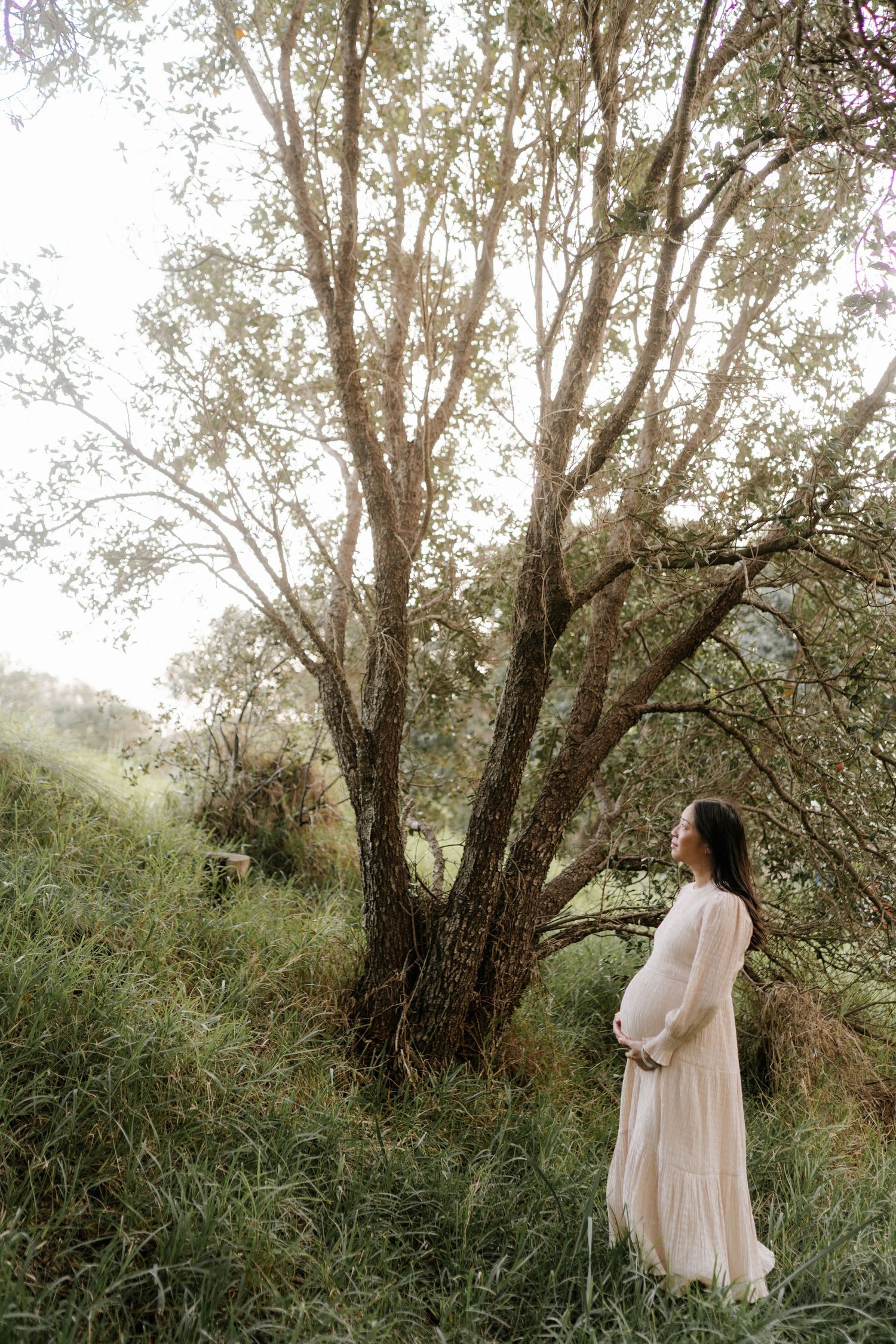 pregnant woman surrounded by native bush, soft light filtering through trees