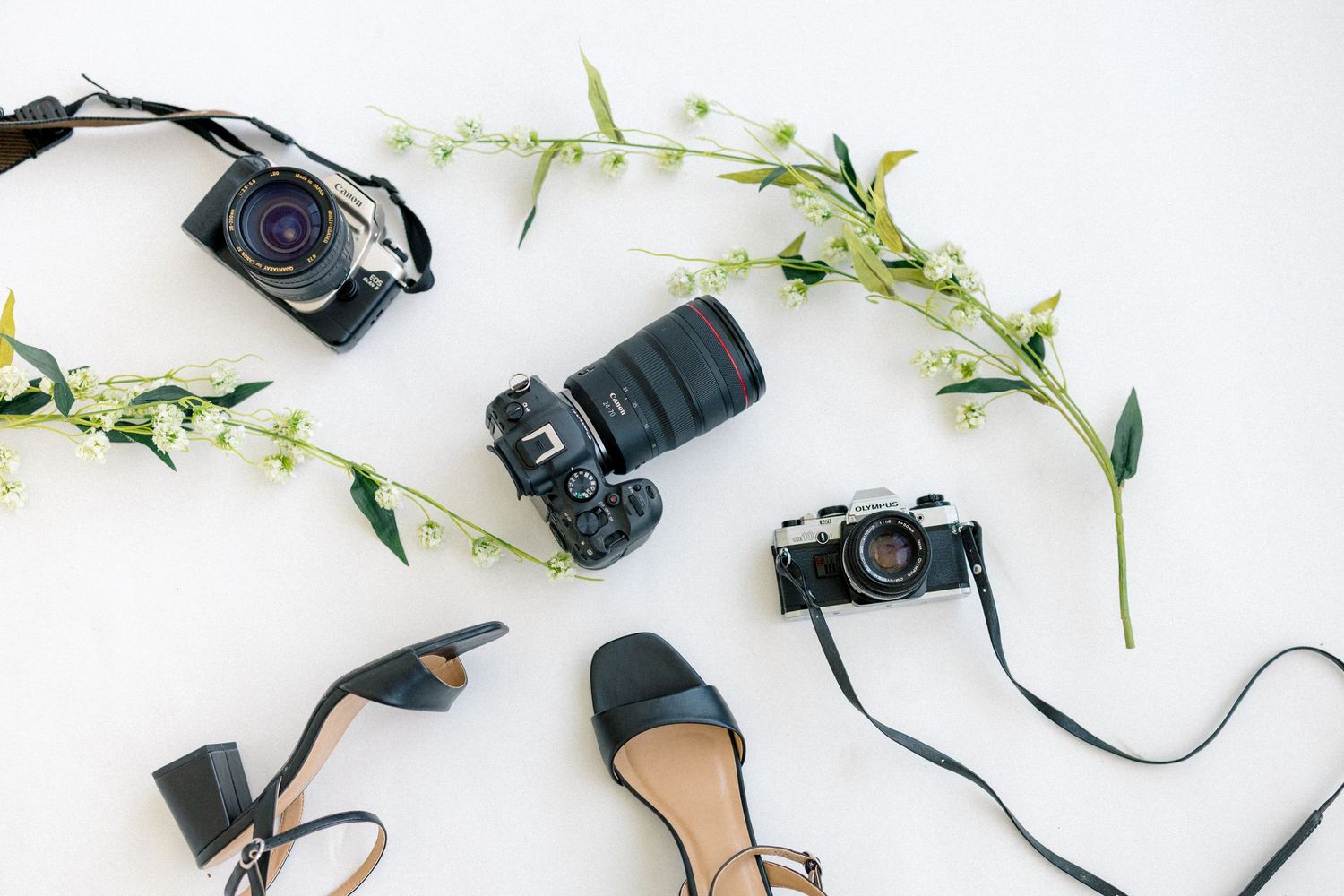 Flat lay of three cameras, black heels, and delicate green floral branches arranged on a white background.