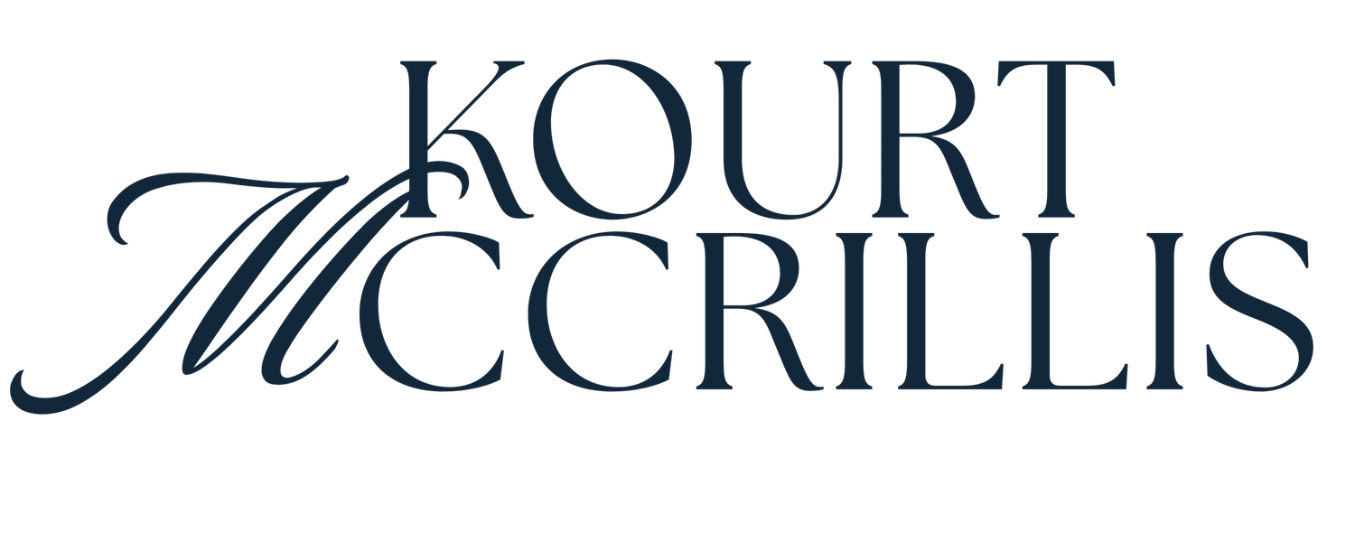 Kourt McCrillis elegant dark navy logo with stylized script font on white background.