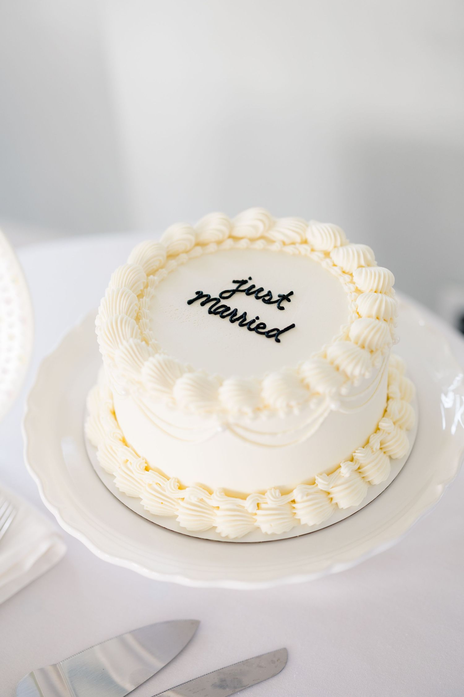 Elegant white single-tier wedding cake with cream rosettes and 