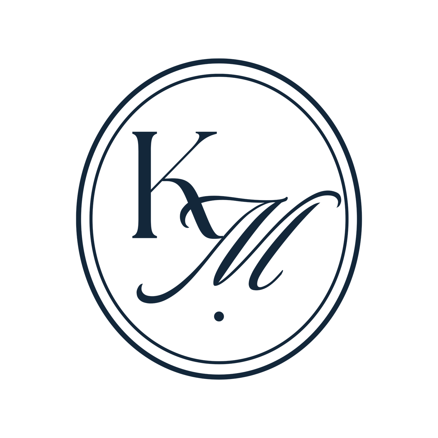 Elegant oval monogram logo featuring intertwined K and M letters in dark navy serif font.