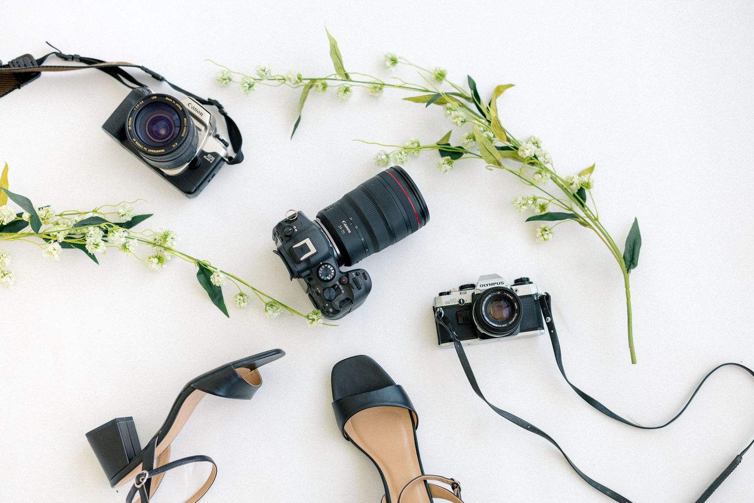 Flat lay of three cameras, black heels, and green floral branches arranged on a white background.
