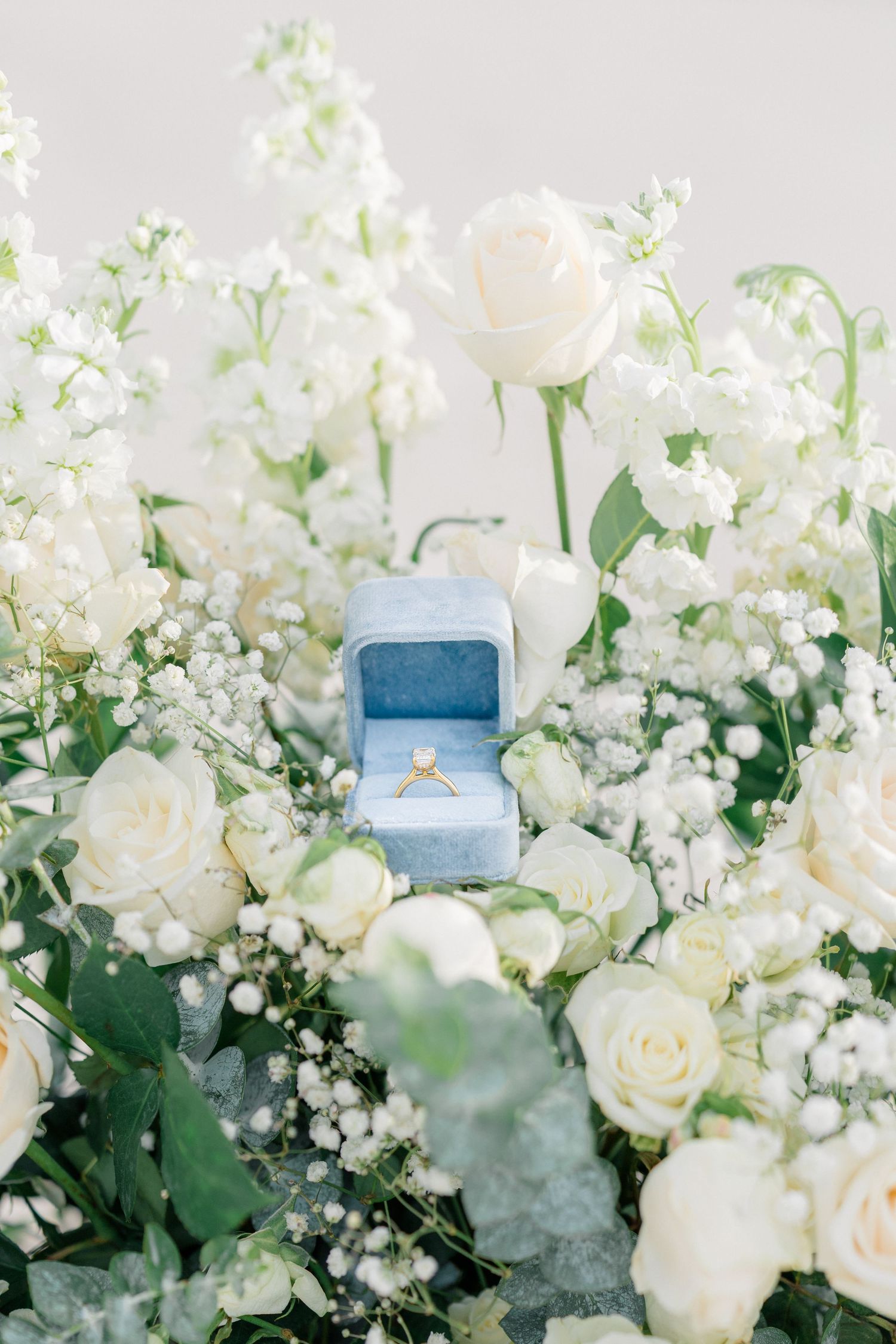 Gold diamond engagement ring in blue velvet box surrounded by white roses and baby's breath flowers.