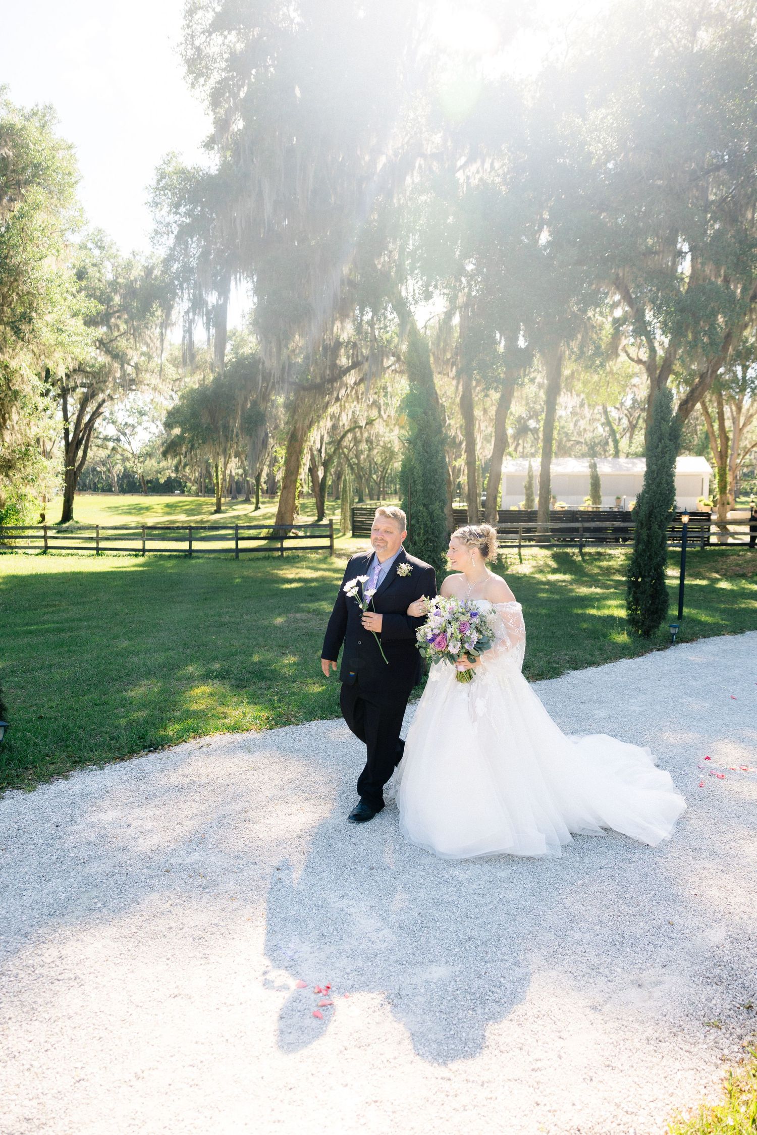 Bride and groom walk hand in hand on a sunlit gravel path surrounded by moss-covered oak trees at outdoor wedding.