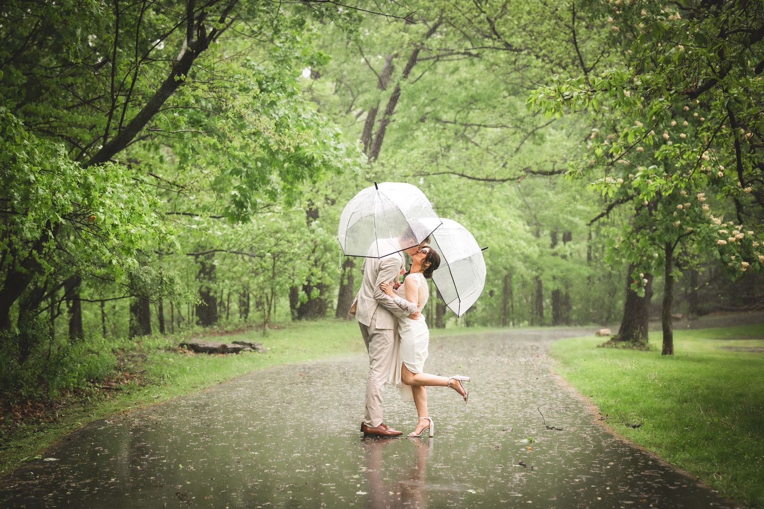 Couple kissing under a clear umbrella in the rain on a tree-lined path in a lush green park.