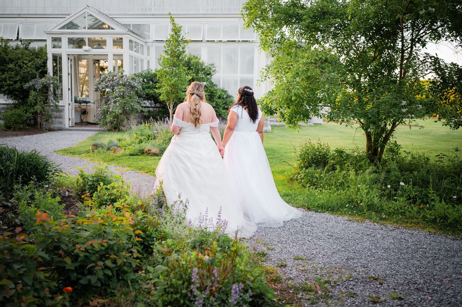 Two brides hold hands while walking down a gravel path in a garden with a greenhouse.
