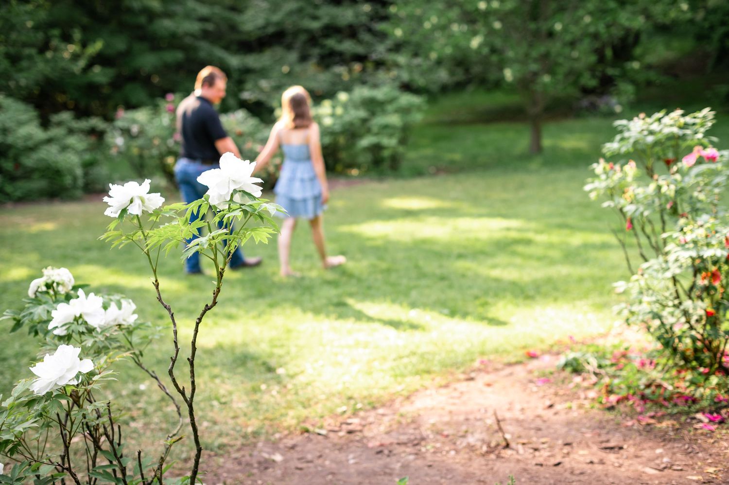 Two figures framed by white flowers stand together in a sunlit garden setting with soft focus.