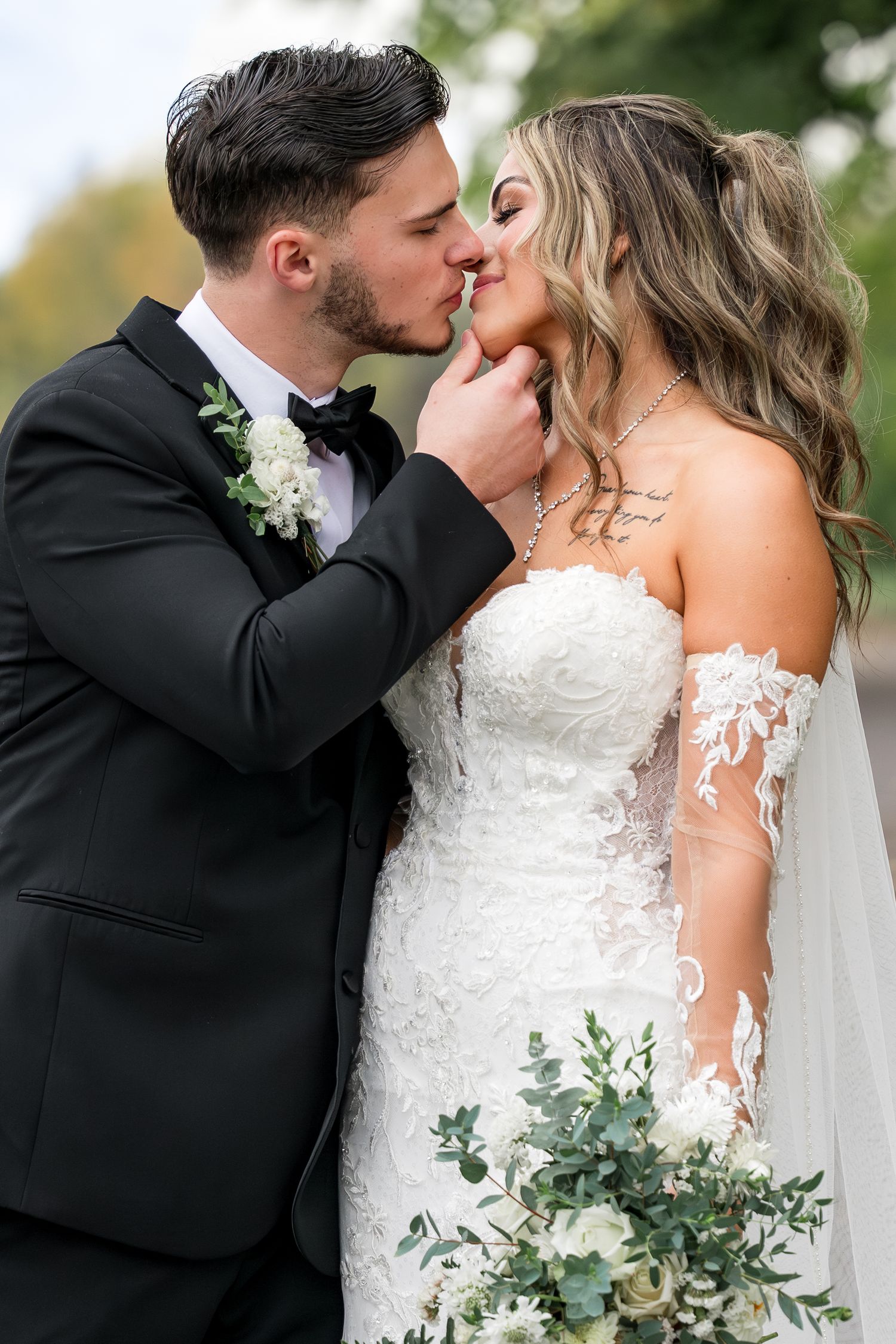 A romantic wedding photo sequence showing a couple in formal attire sharing a tender kiss while holding a eucalyptus bouquet.