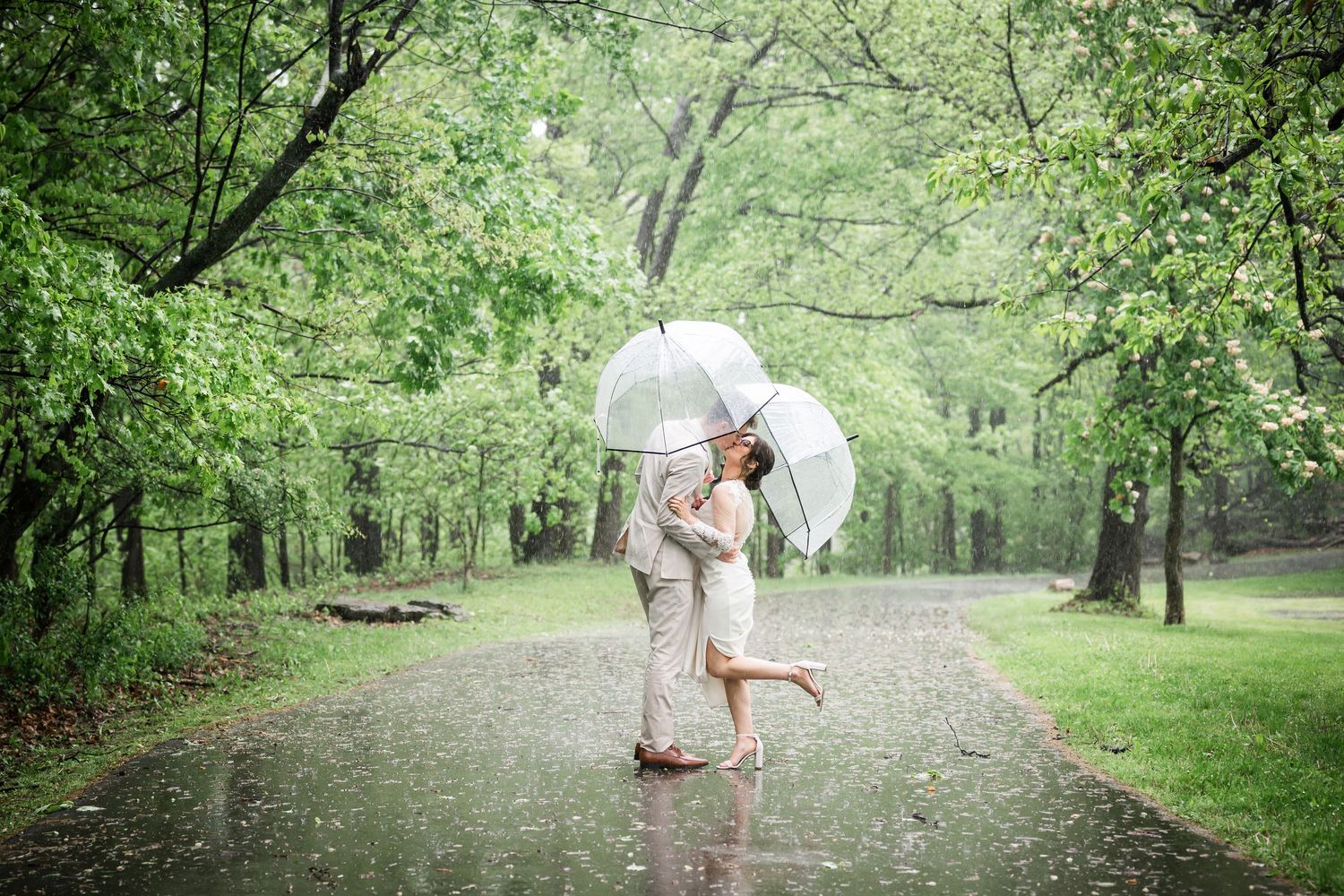 Couple kissing under a white umbrella in the rain on a tree-lined path in a lush green park.