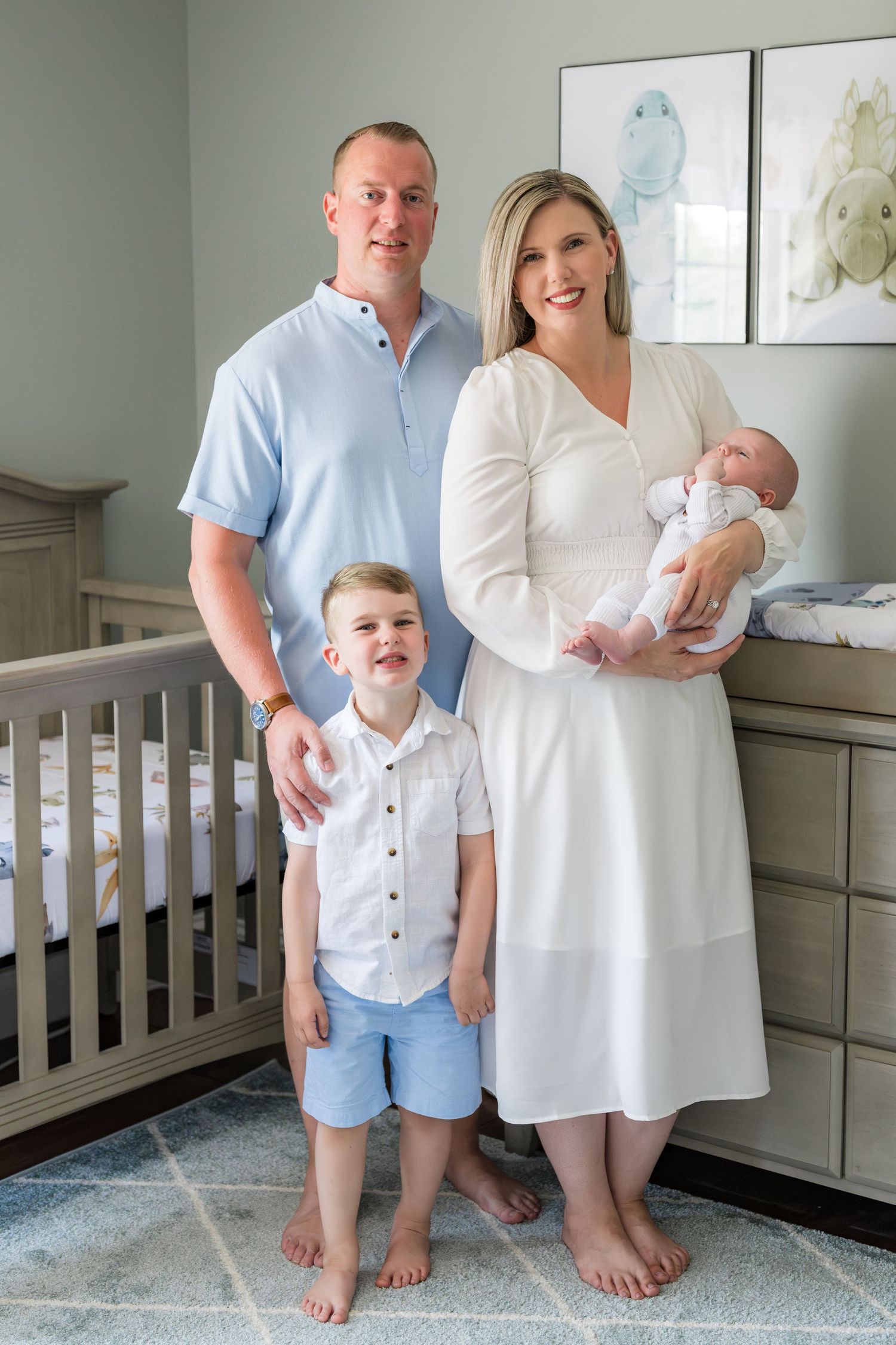 Family poses together in a nursery room with light blue and white decor showing progression of images from left to right.