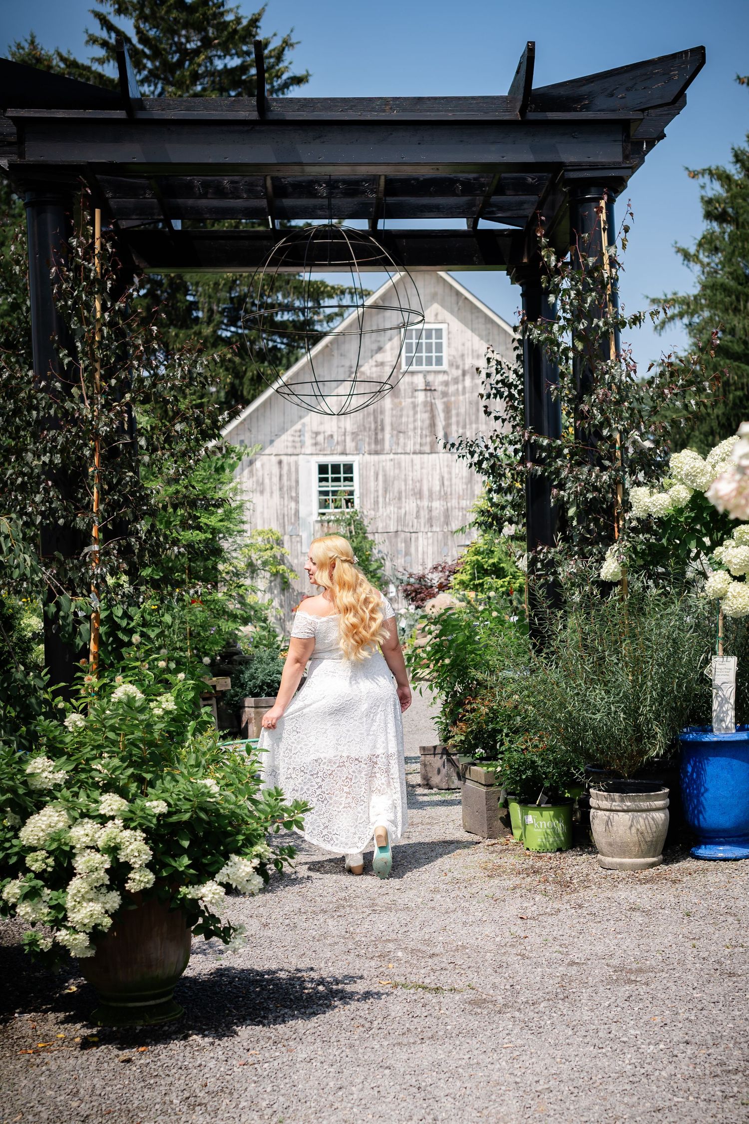 A garden path with potted plants and white hydrangeas leads to a rustic barn under a wooden pergola.