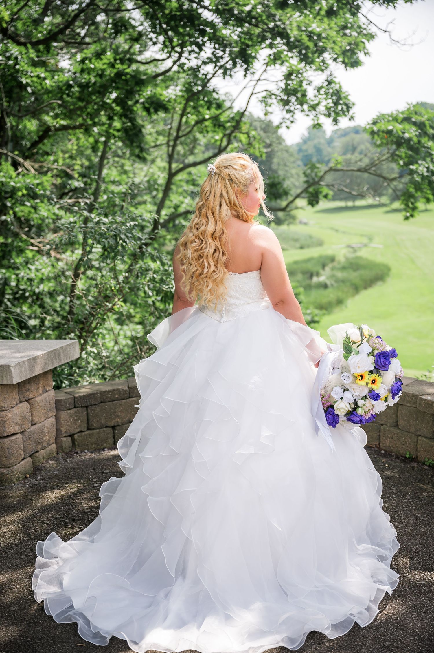 Back view of bride in layered tulle gown looking out over scenic landscape.