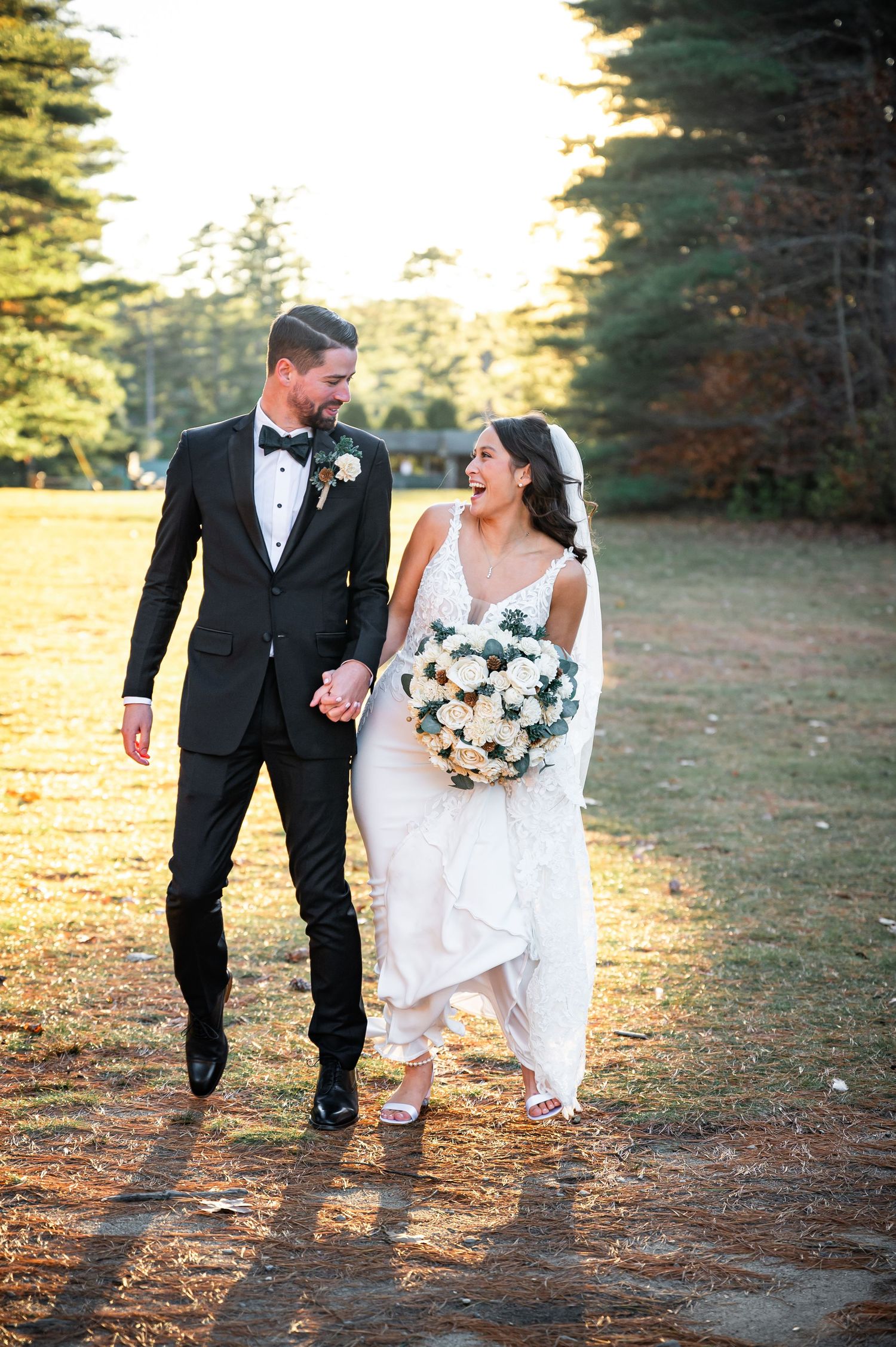 Three candid photos of a couple walking together at sunset in a pine forest on their wedding day.